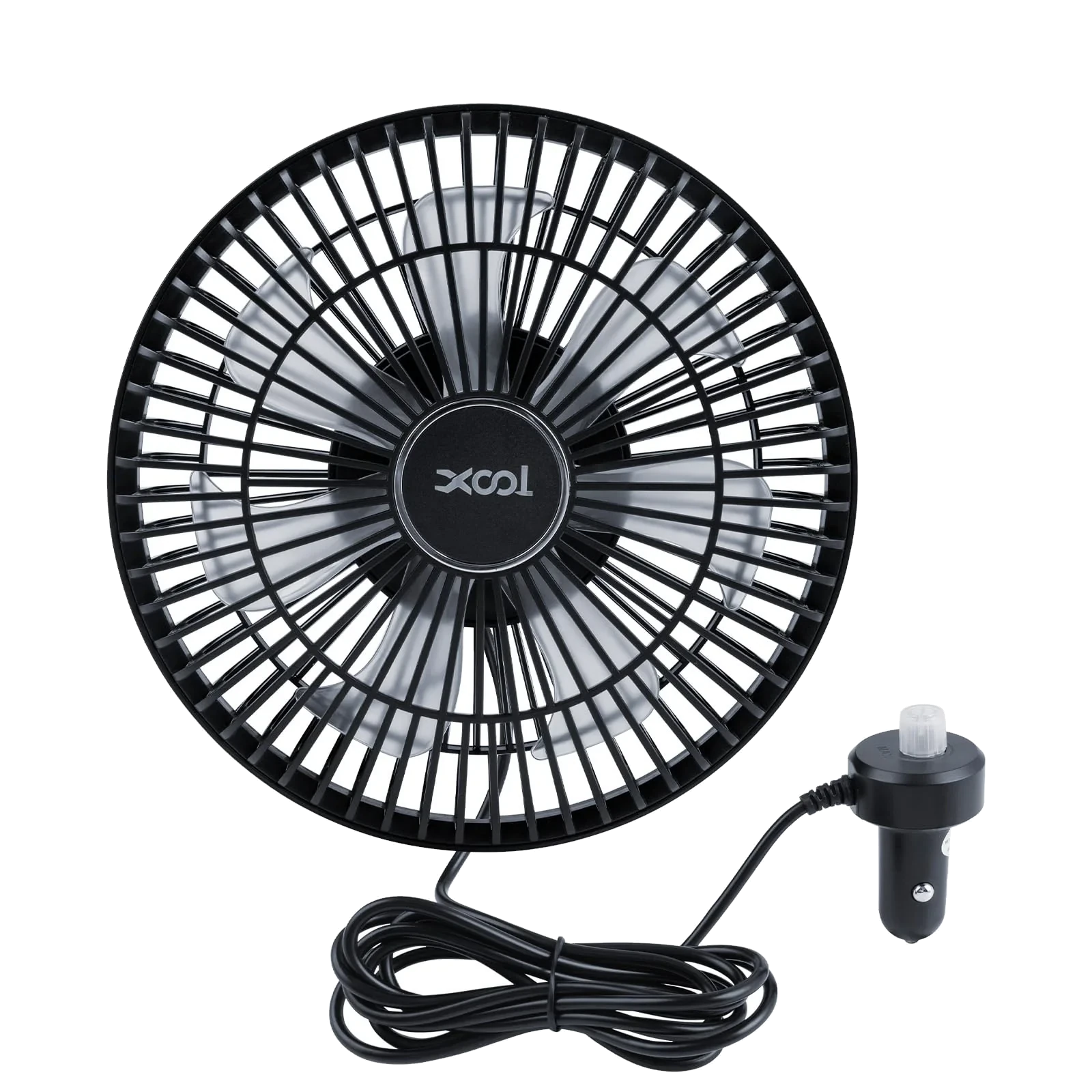 XOOL 9-inch 12V clip-on fan with 12V plug and cord, studio front view