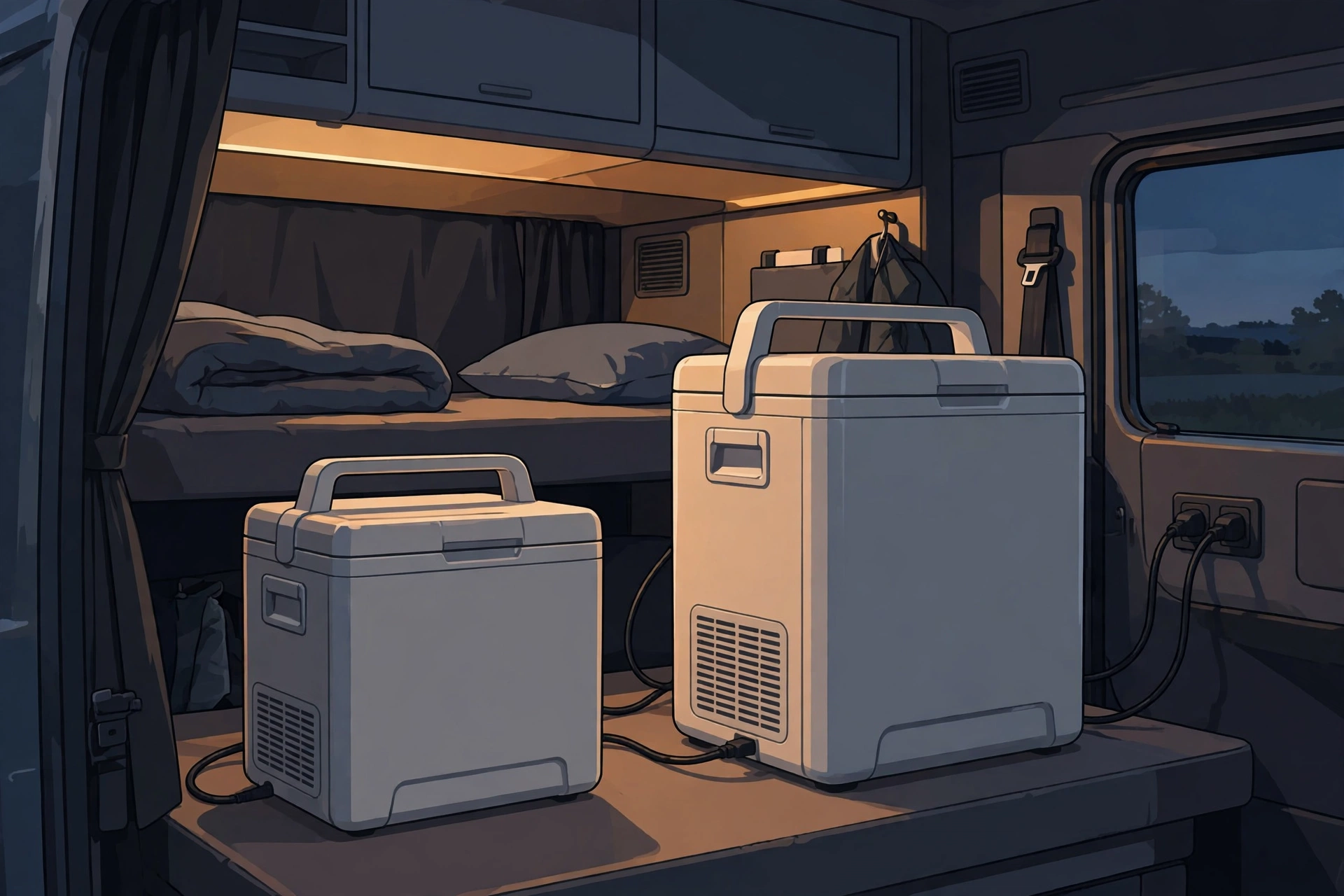 A 12V cooler running in a truck sleeper cab at night