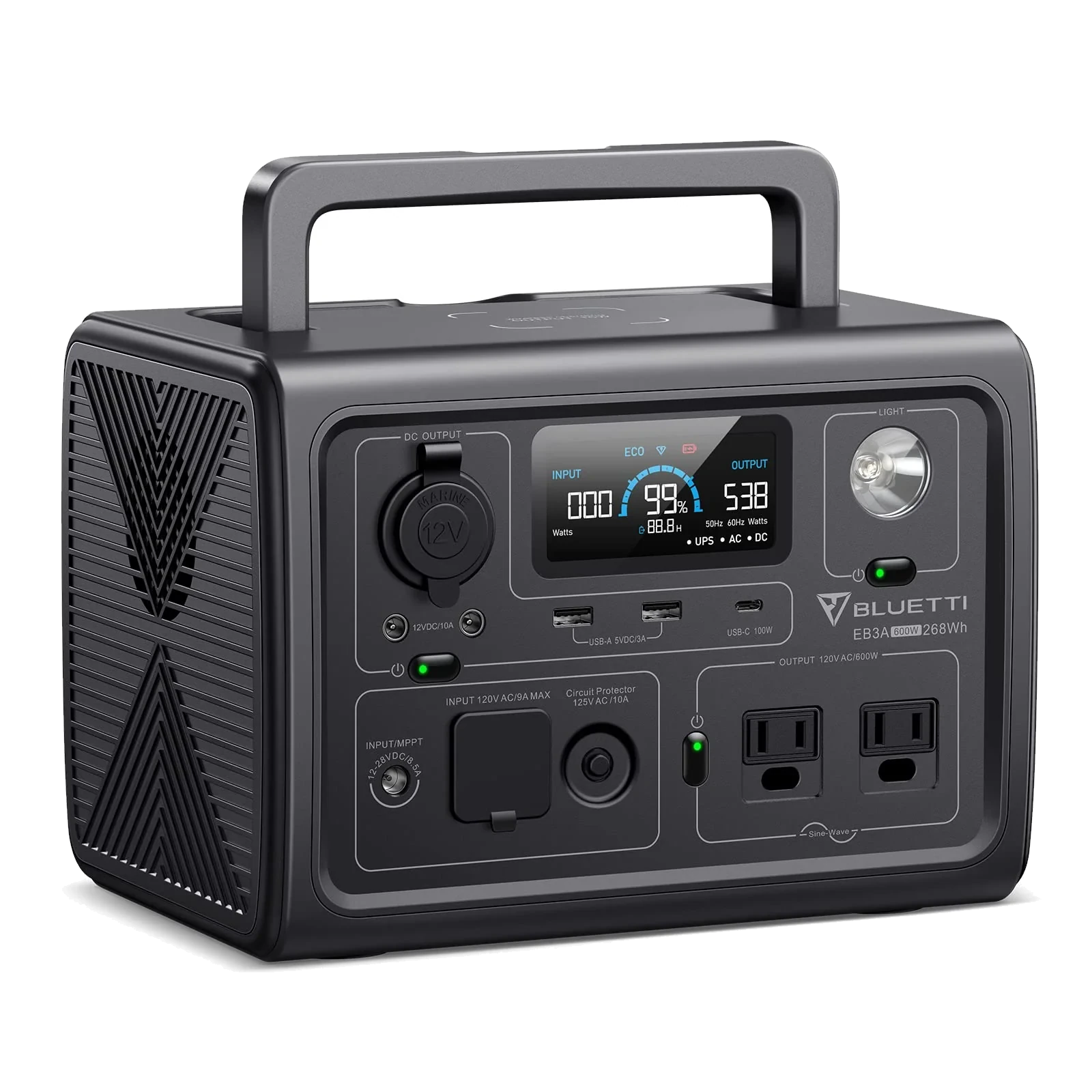 BLUETTI EB3A portable power station, display and outlets, studio view