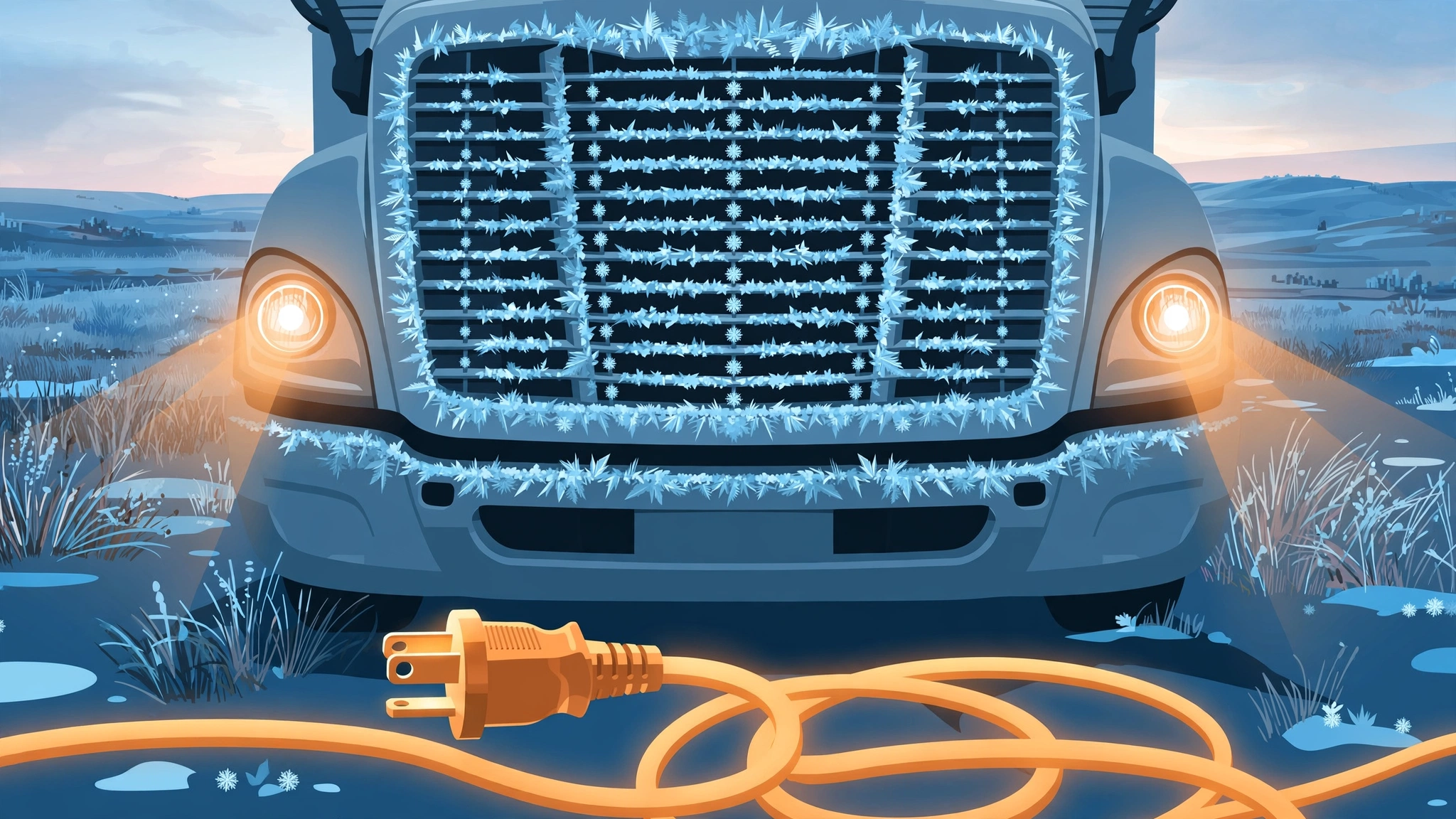 Editorial illustration of a semi truck plugged into shore power at a snowy rest stop with a battery blanket glowing under the hood