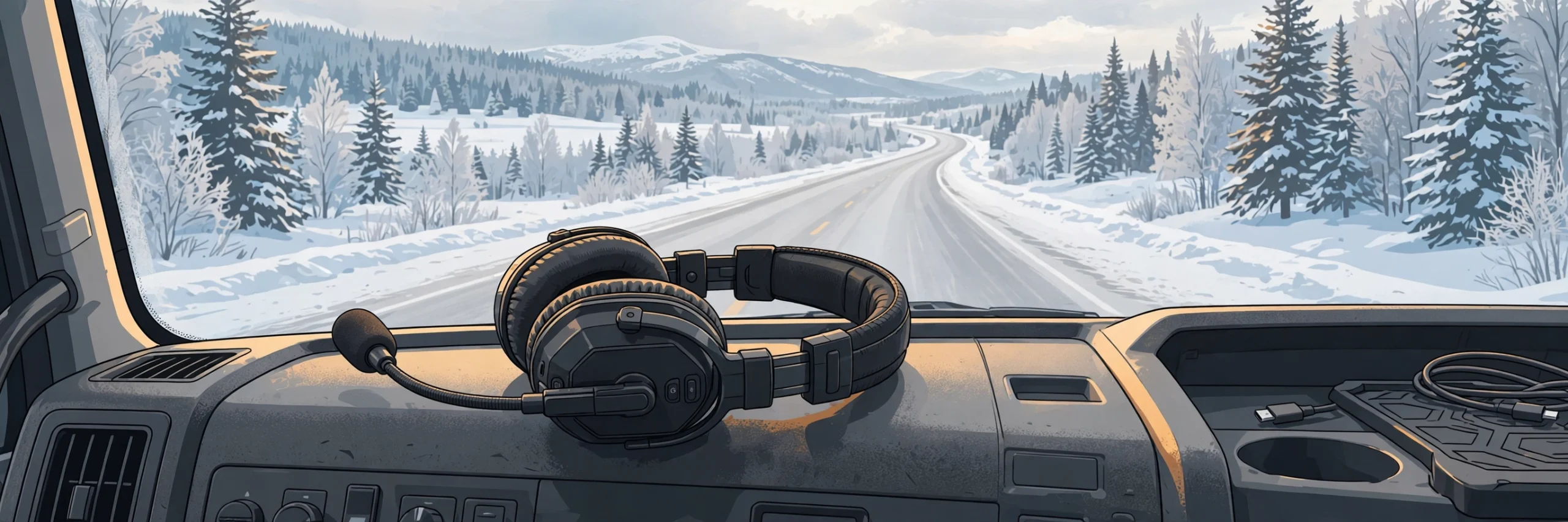 Illustration of a Bluetooth headset with a boom microphone on a semi-truck dashboard with a snowy highway ahead
