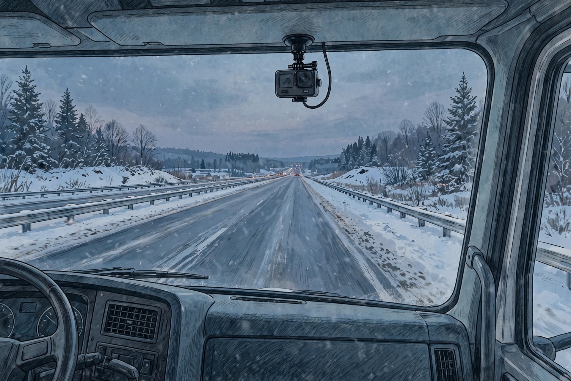 Illustration of a dash camera mounted behind a semi-truck windshield on a winter highway