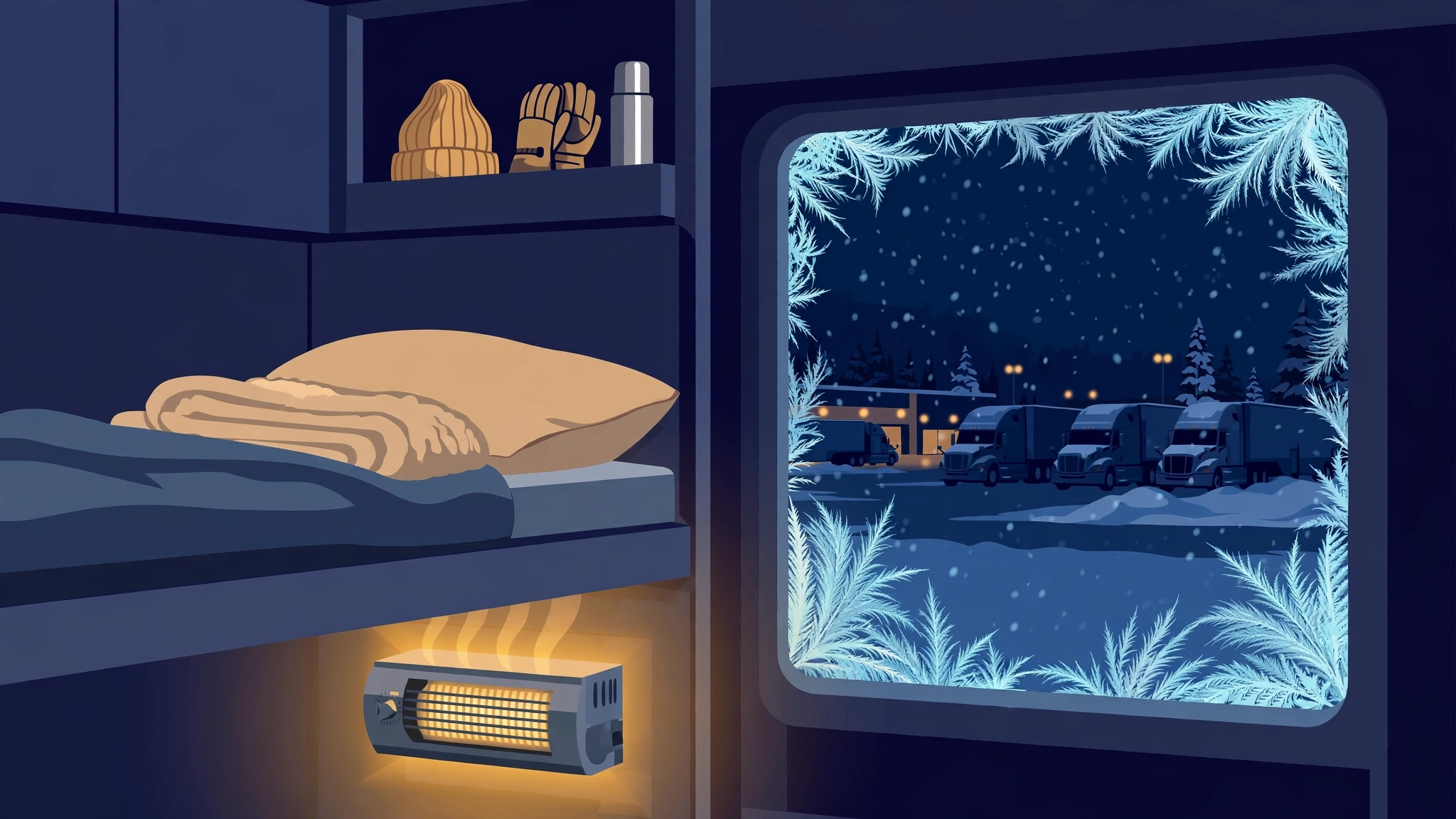 Editorial illustration of a diesel bunk heater glowing warm beneath a sleeper bunk while snow falls outside the truck window
