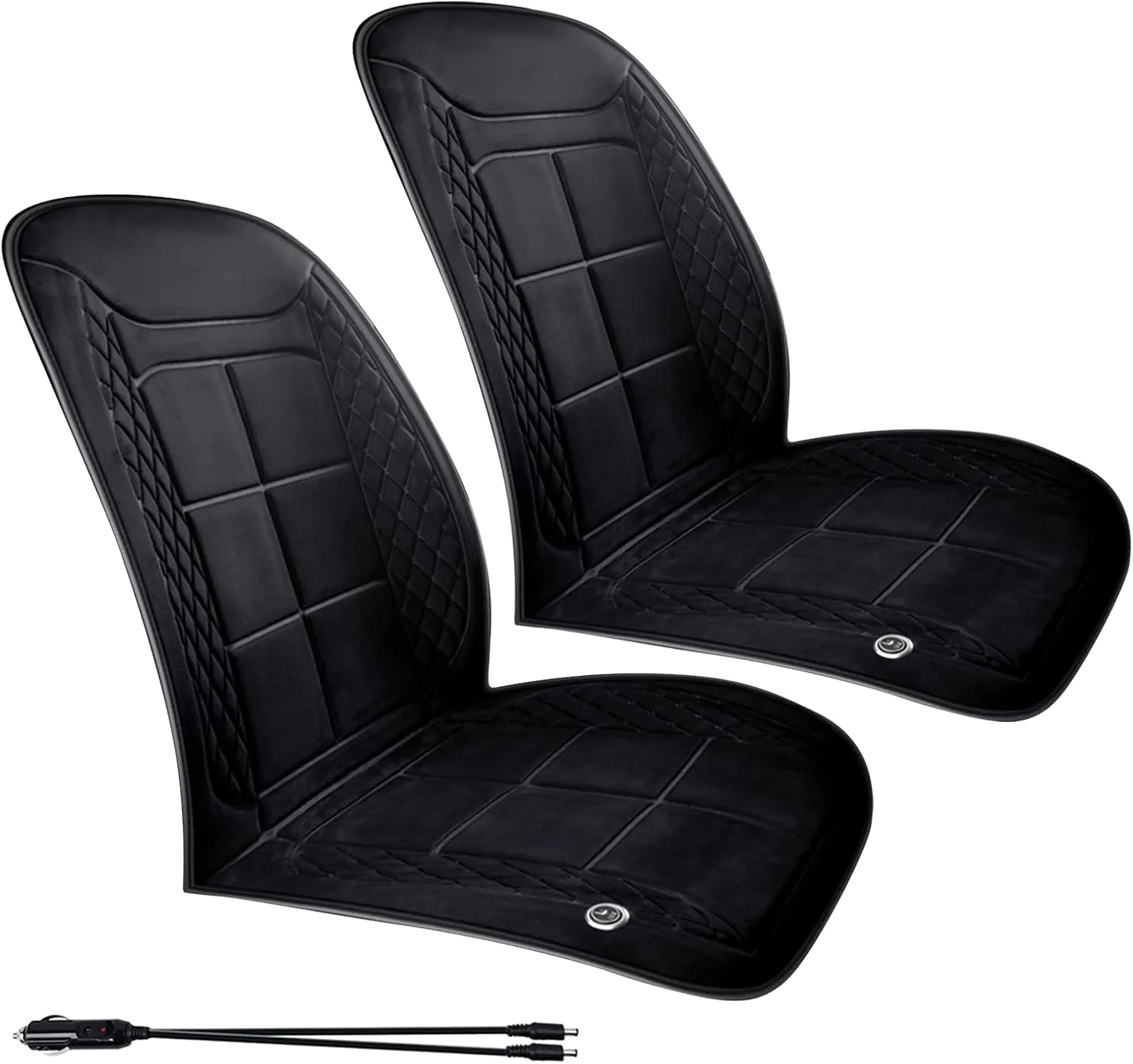Generic 12V heated seat cushions, two black quilted seats with 12V plug, product photo