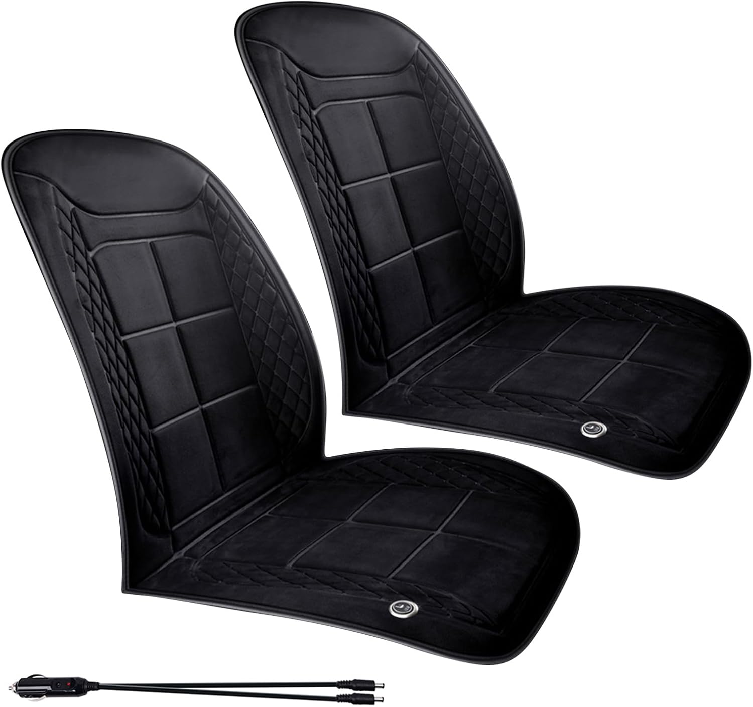 Generic 12V heated seat cushions, two black quilted seats with 12V plug, product photo
