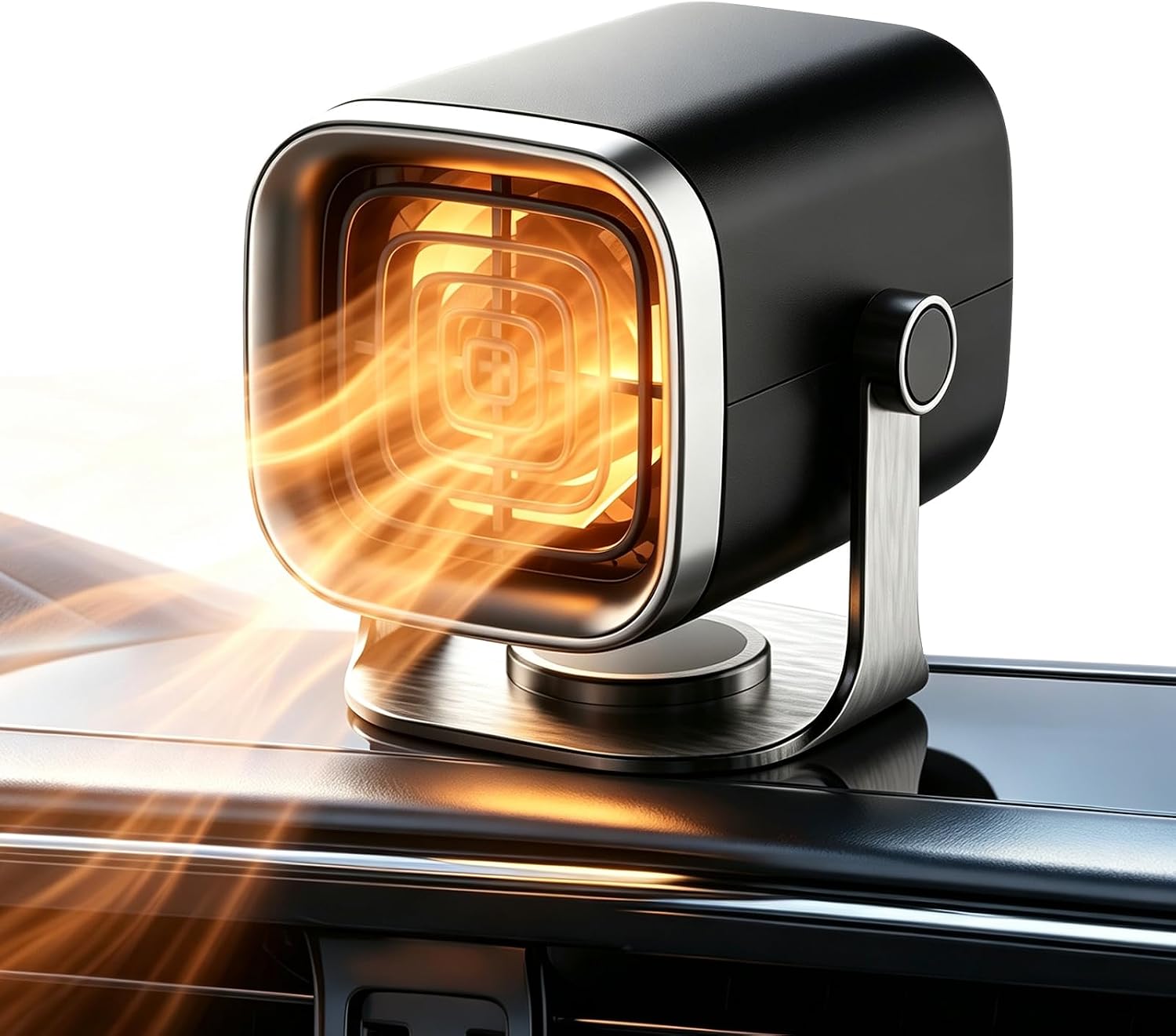 HUAJUN 12V 100W portable car heater on a dashboard, product photo