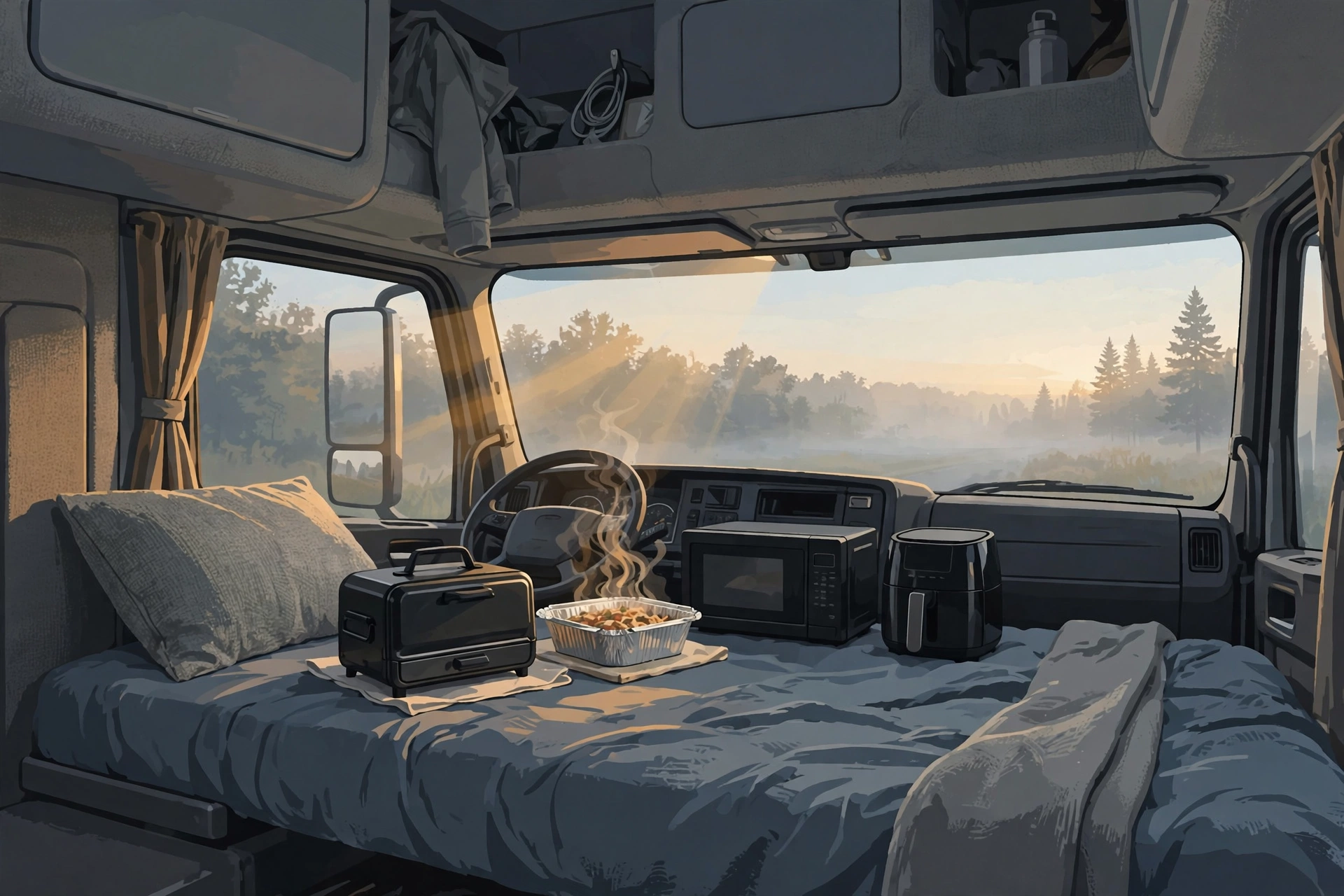 Illustration of a truck sleeper cab at dawn with a 12V lunchbox oven, microwave, and mini air fryer on the bunk