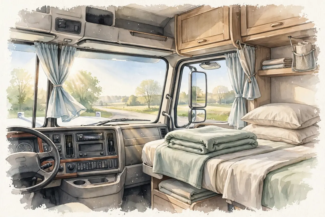 Illustration of a clean, tidy sleeper cab interior in fresh morning light