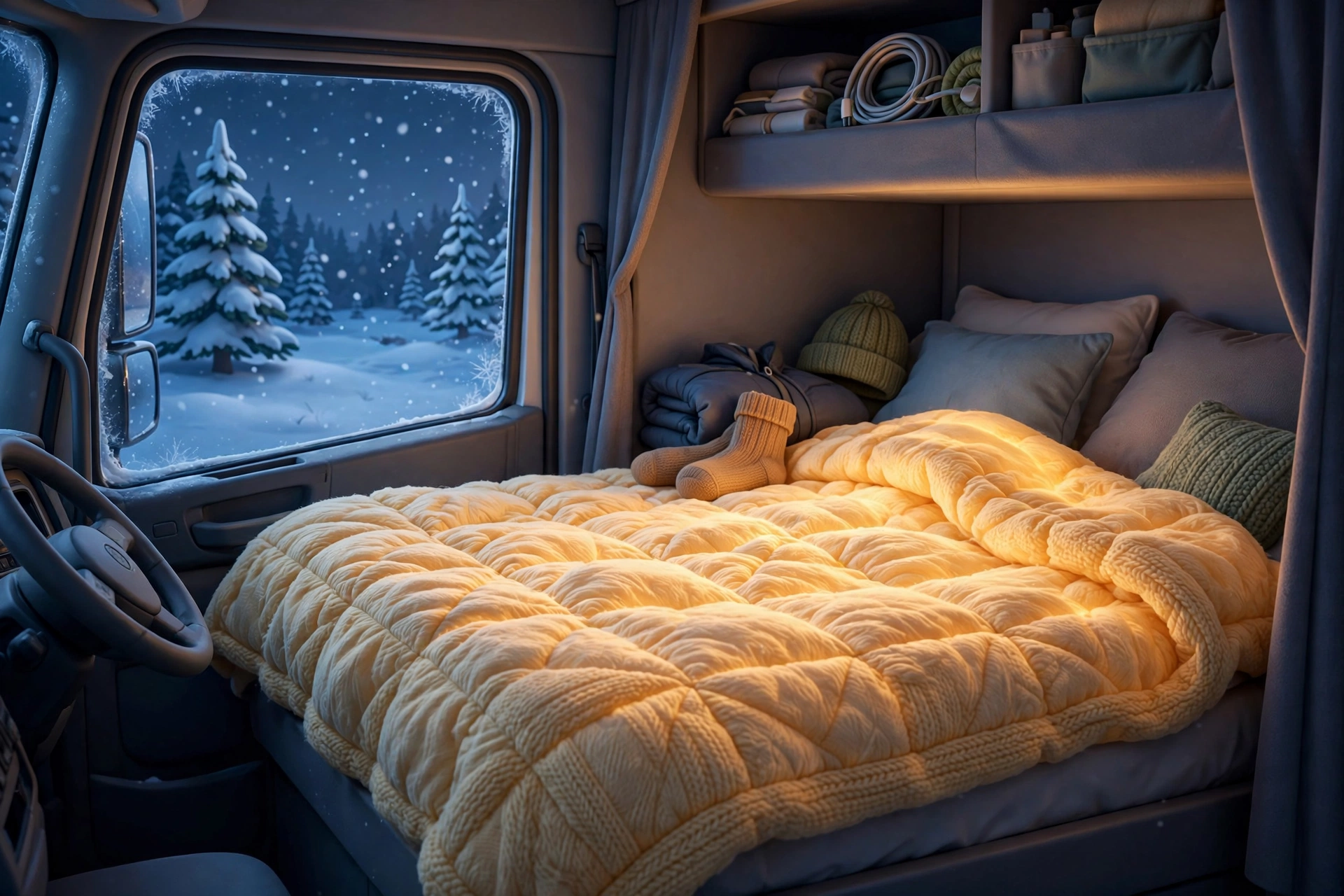 Illustration of a heated blanket glowing on a truck sleeper bunk at night