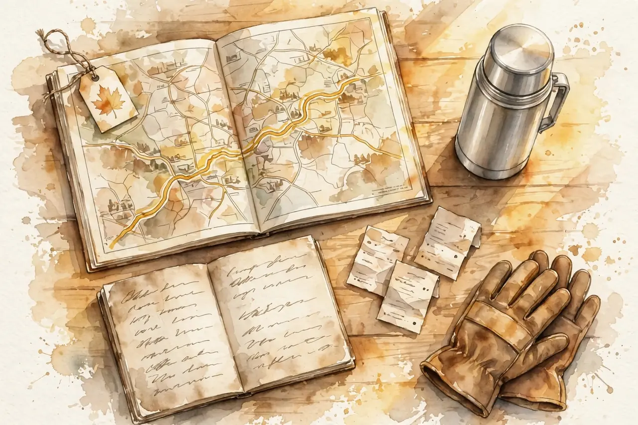 Illustration of a truck driver's planning desk with a road atlas, logbook, fuel receipts, thermos and work gloves