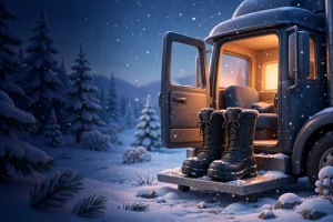 Illustration of insulated winter boots on a truck cab step in falling snow