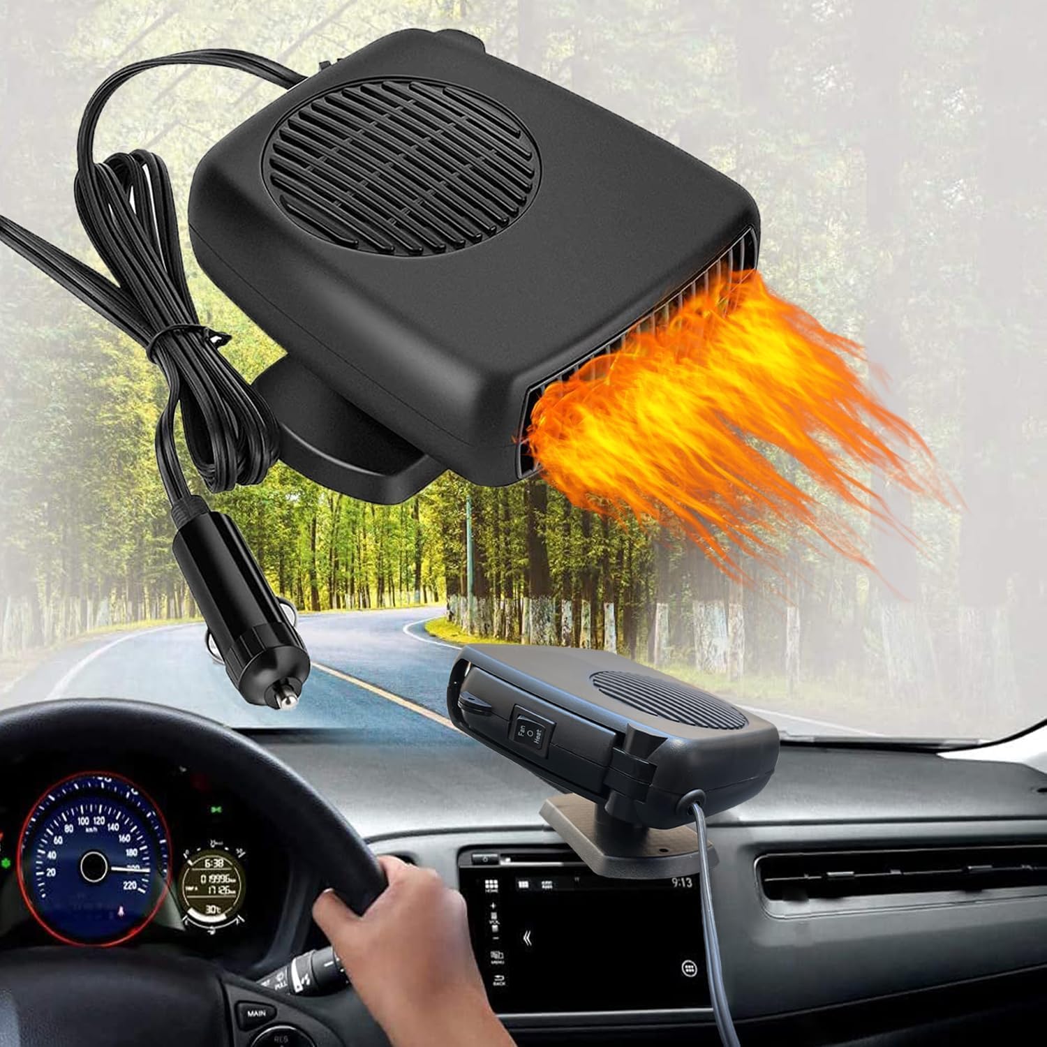 KINOWJI 12V 200W portable car heater on a dashboard, product photo