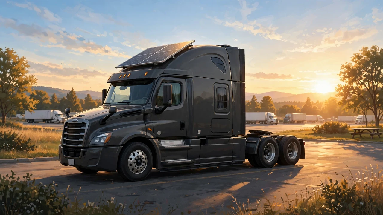 Illustration of a solar panel on a semi-truck sleeper cab roof at sunset