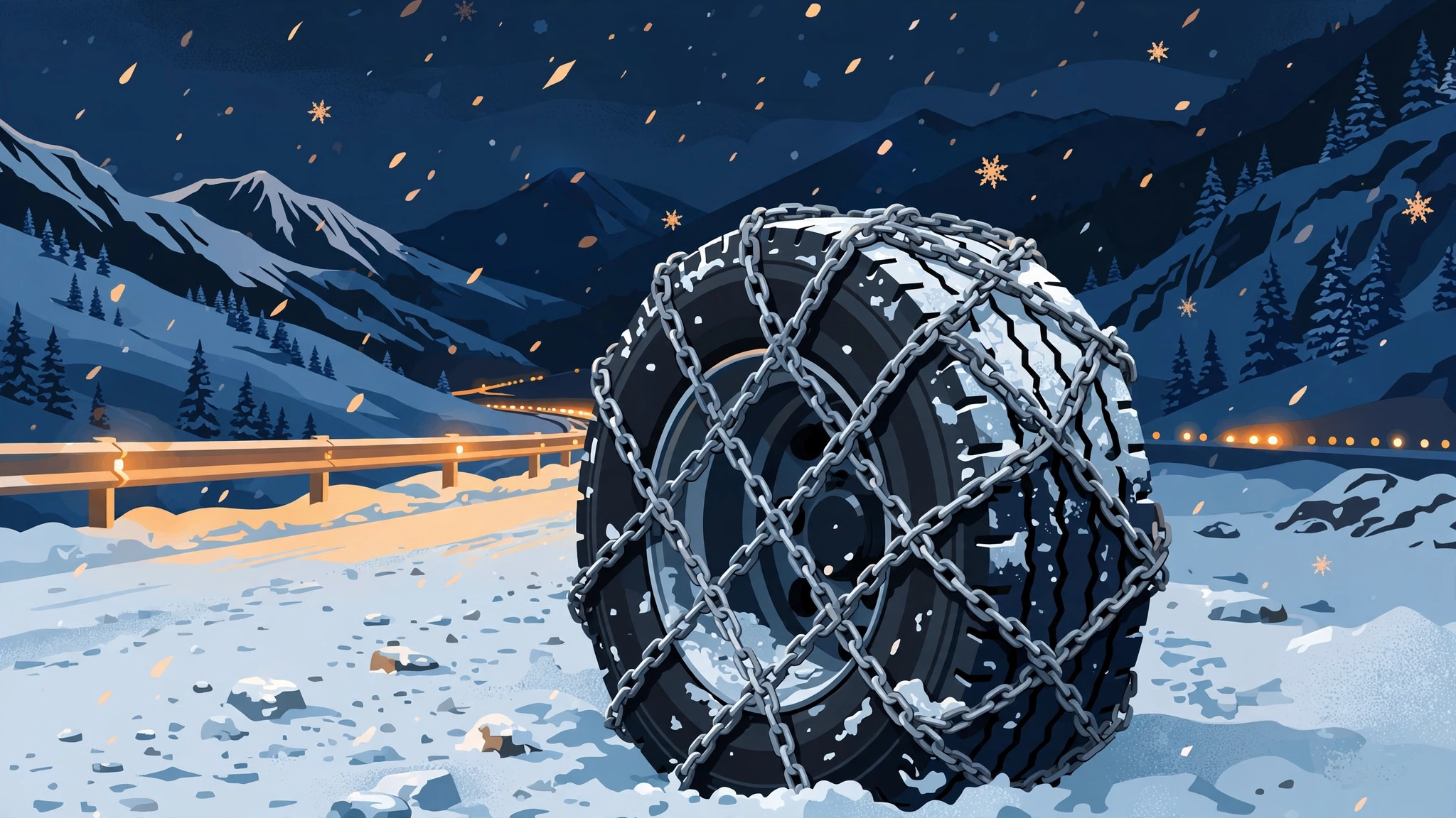 Editorial illustration of gloved hands fitting snow tire chains on a semi truck drive-axle wheel on a snowy mountain highway
