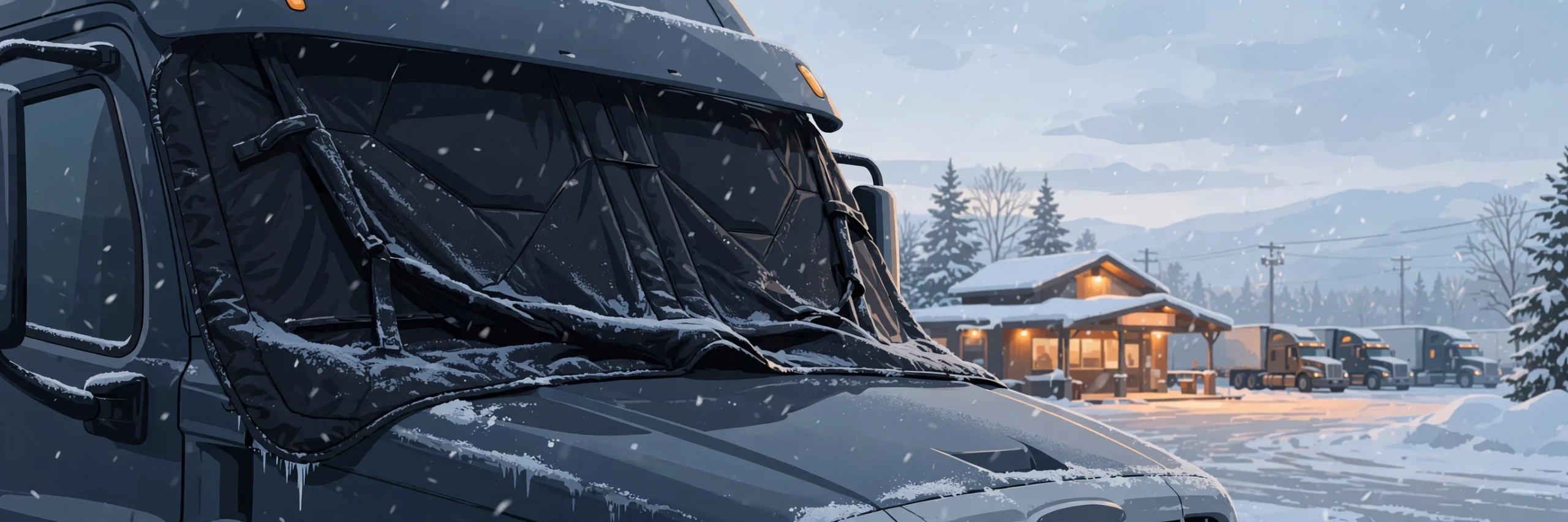 Illustration of a semi-truck windshield with a dark snow cover at a snowy truck stop at dawn