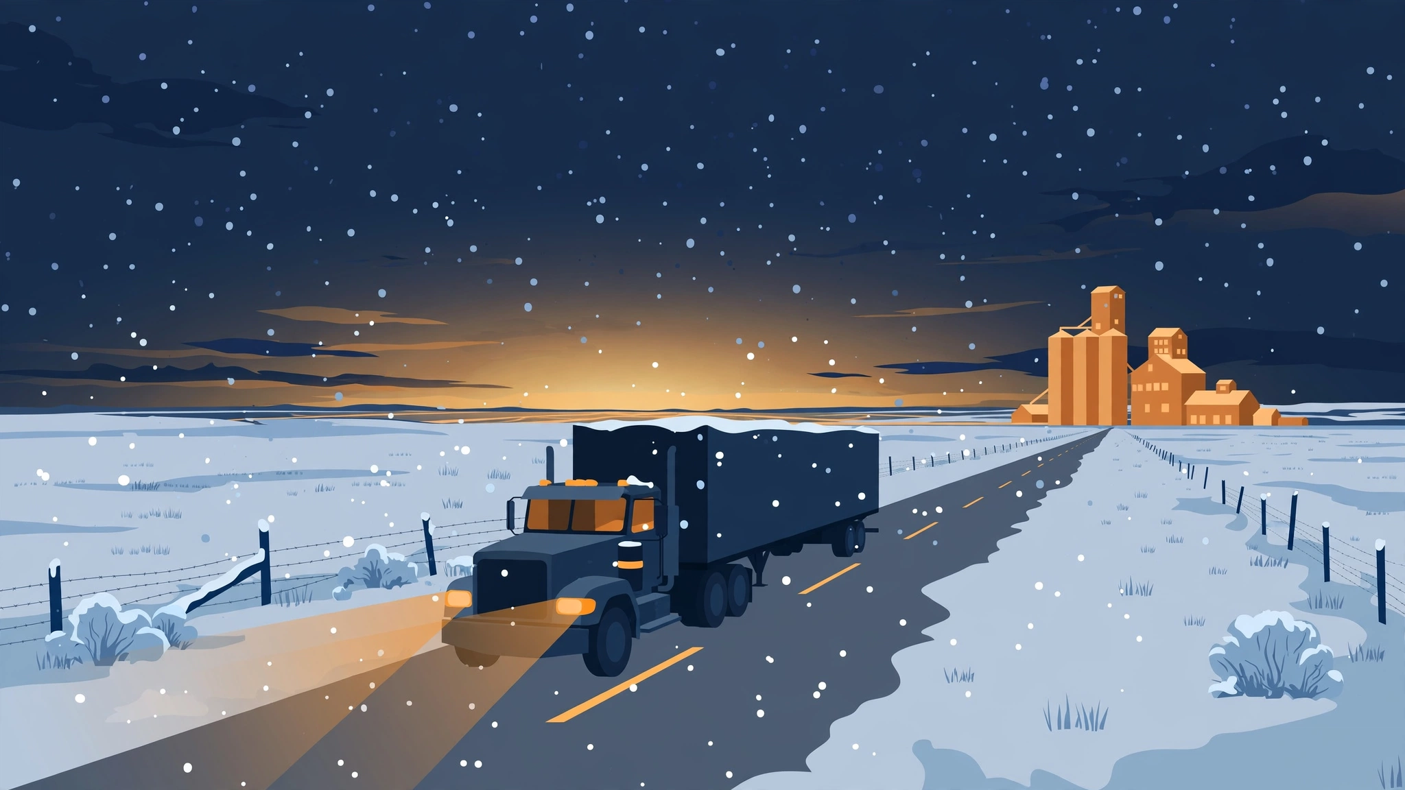 Illustration of a semi truck on a snowy highway at dawn (illustration)