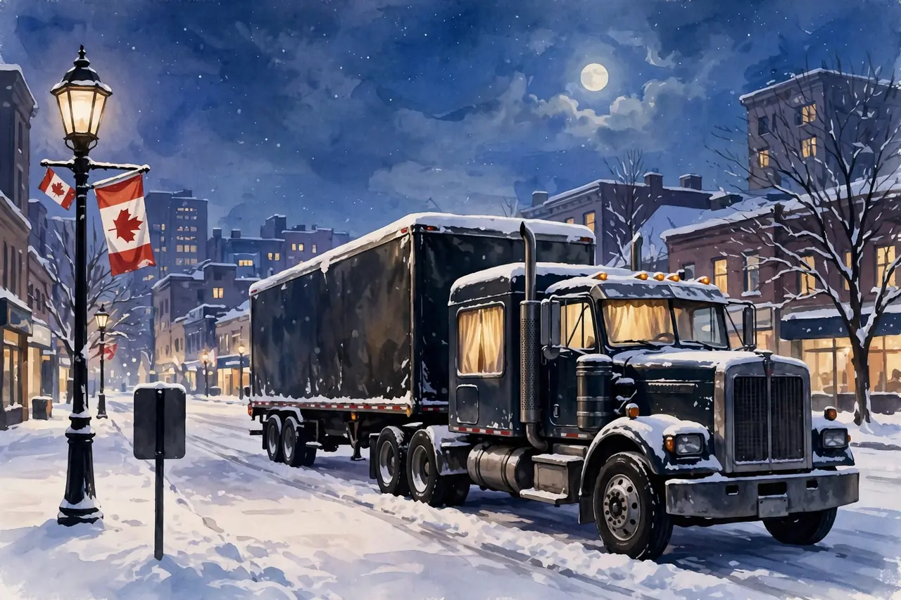 Illustration of a semi-truck parked overnight on a snowy Canadian city street, warm light behind the sleeper curtains
