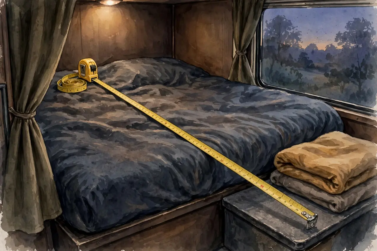 Illustration of a tape measure stretched across an empty truck sleeper bunk
