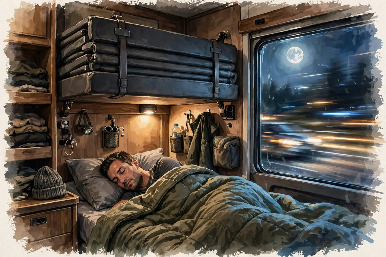 Illustration of a truck sleeper bunk with dark curtains drawn, earplugs and a sleep mask on the mattress