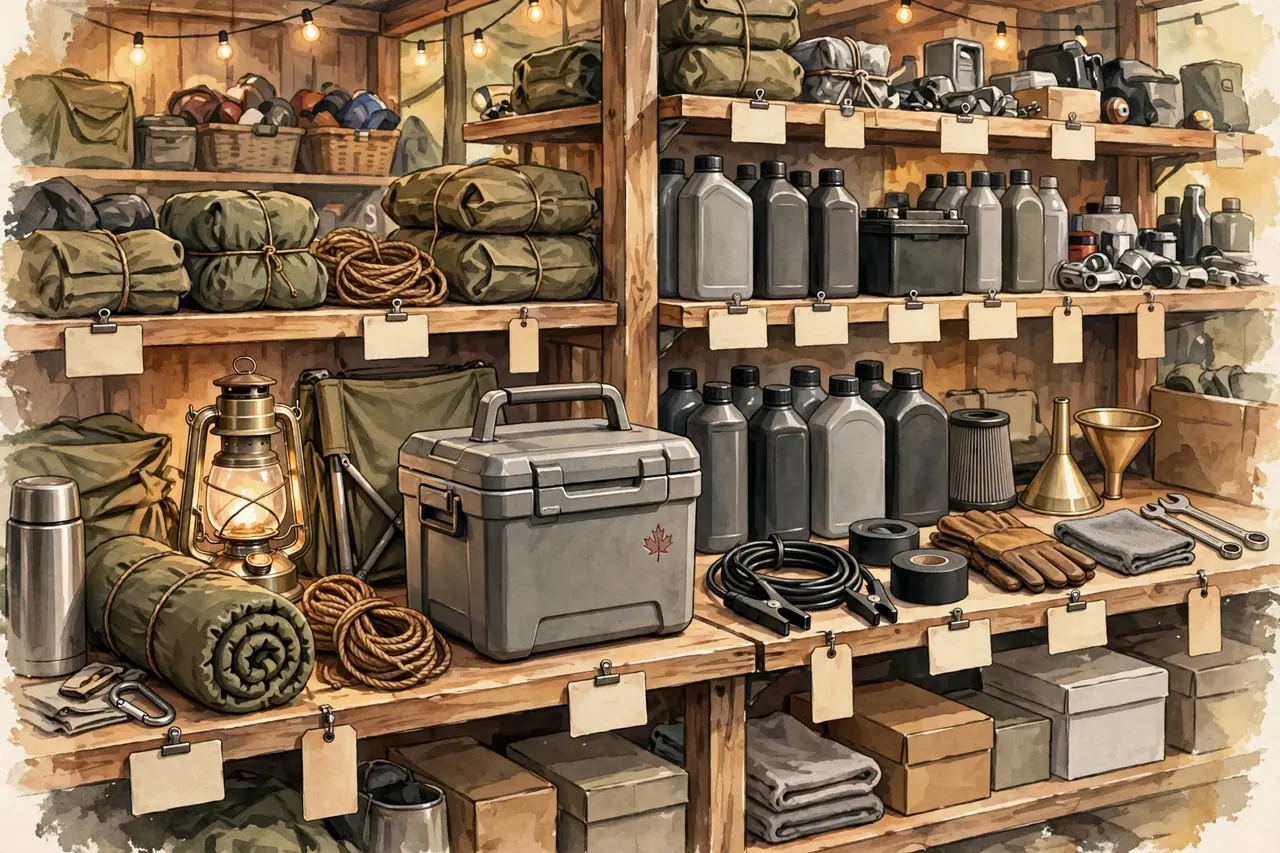 Illustration of a store shelf stocked with 12V coolers above a maple-leaf-tagged display
