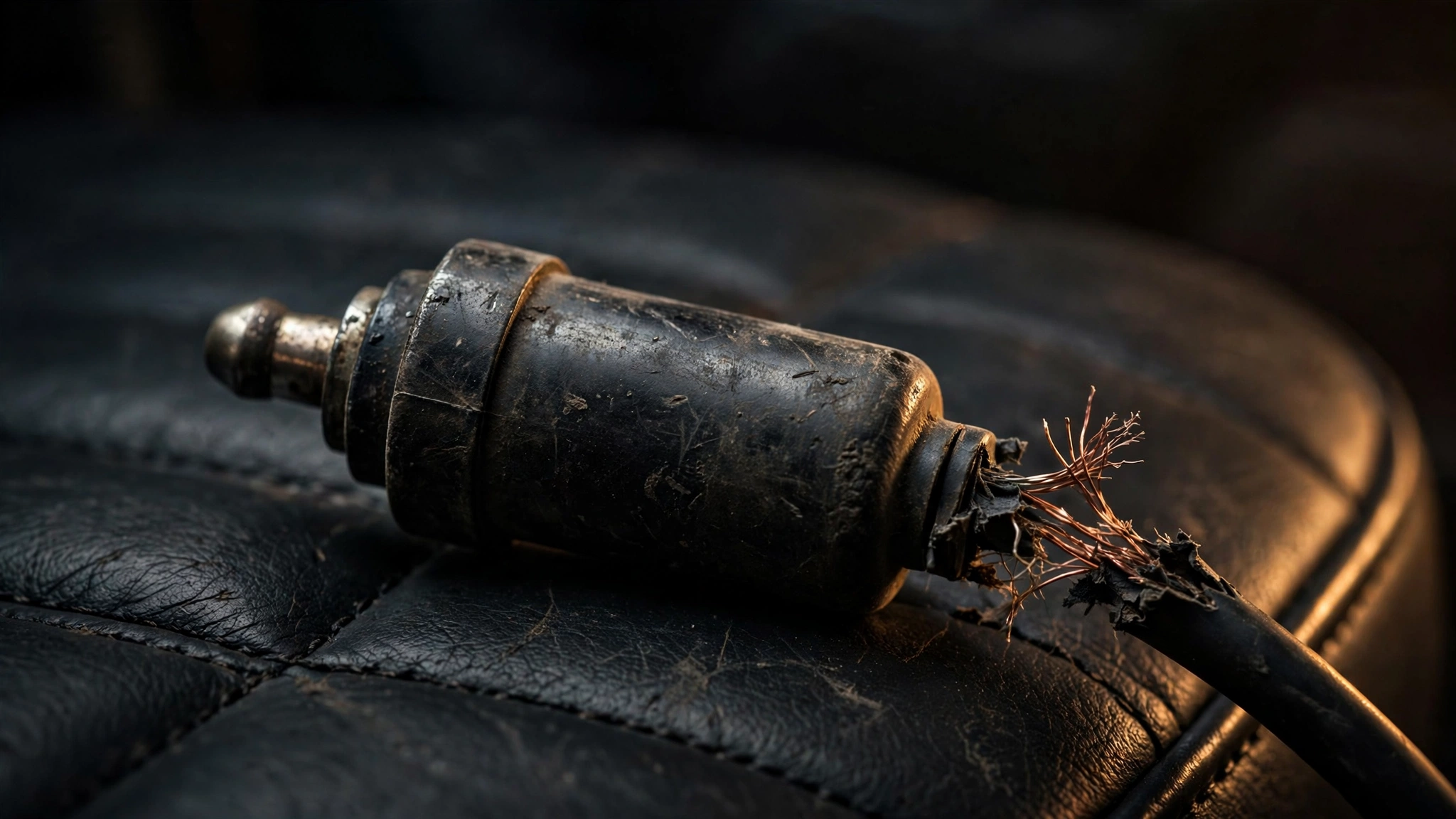Worn 12V car plug with frayed wiring on a dark truck seat