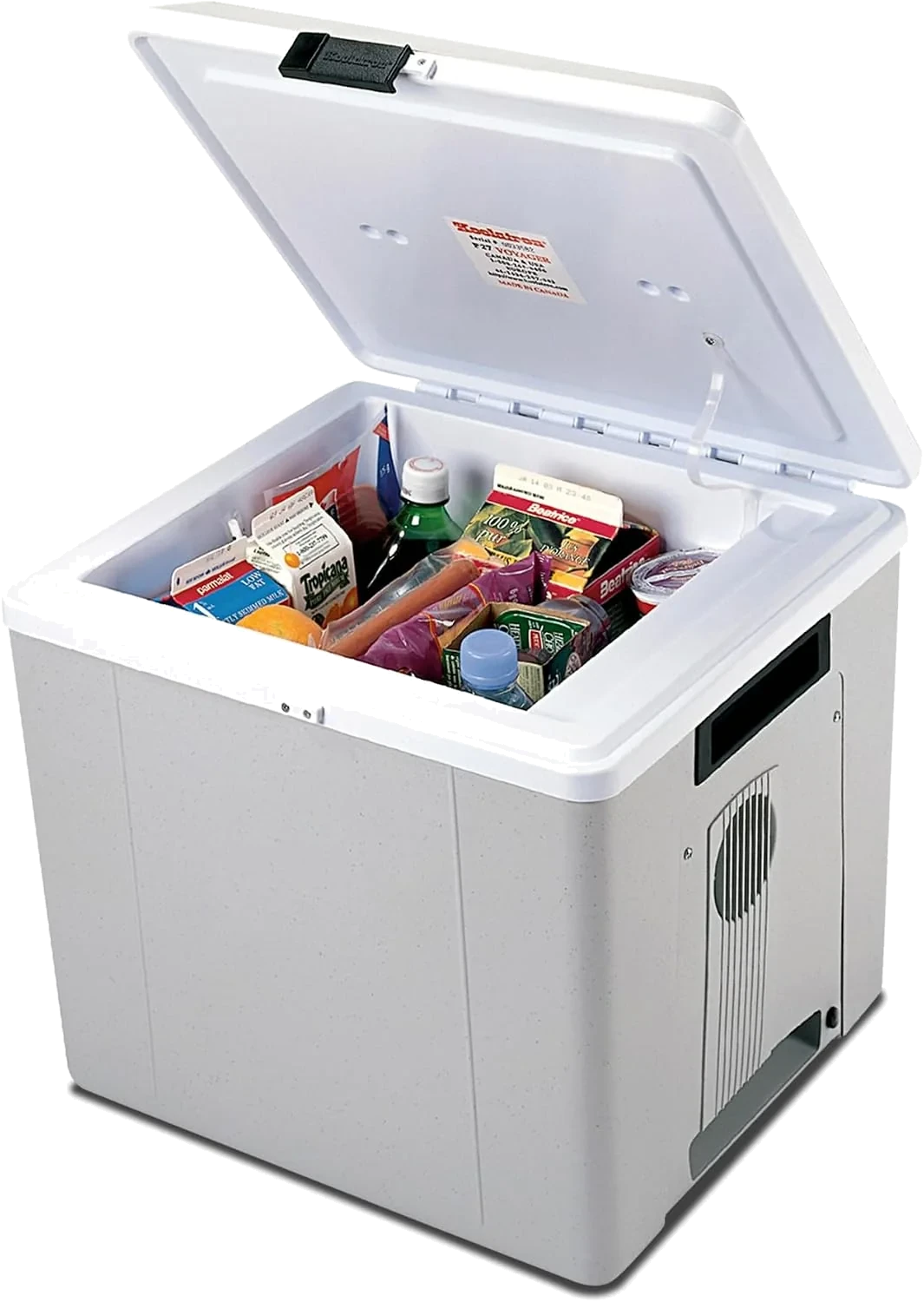 Koolatron P27 12V thermoelectric cooler with the lid open, stocked with groceries