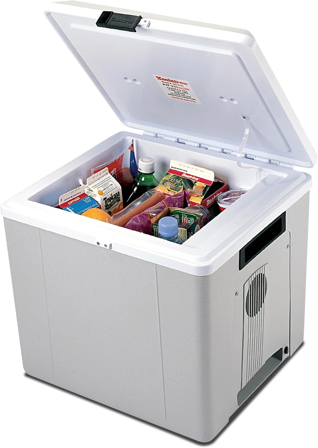 Koolatron P27 12V thermoelectric cooler with the lid open, stocked with groceries