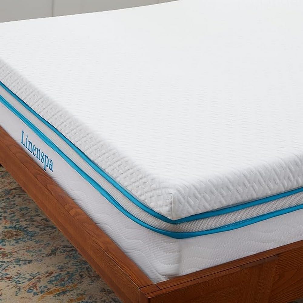 Linenspa 2 inch gel memory foam mattress topper — white topper with blue piping