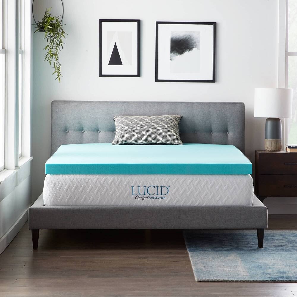 LUCID 3 inch gel memory foam topper in teal on a bed