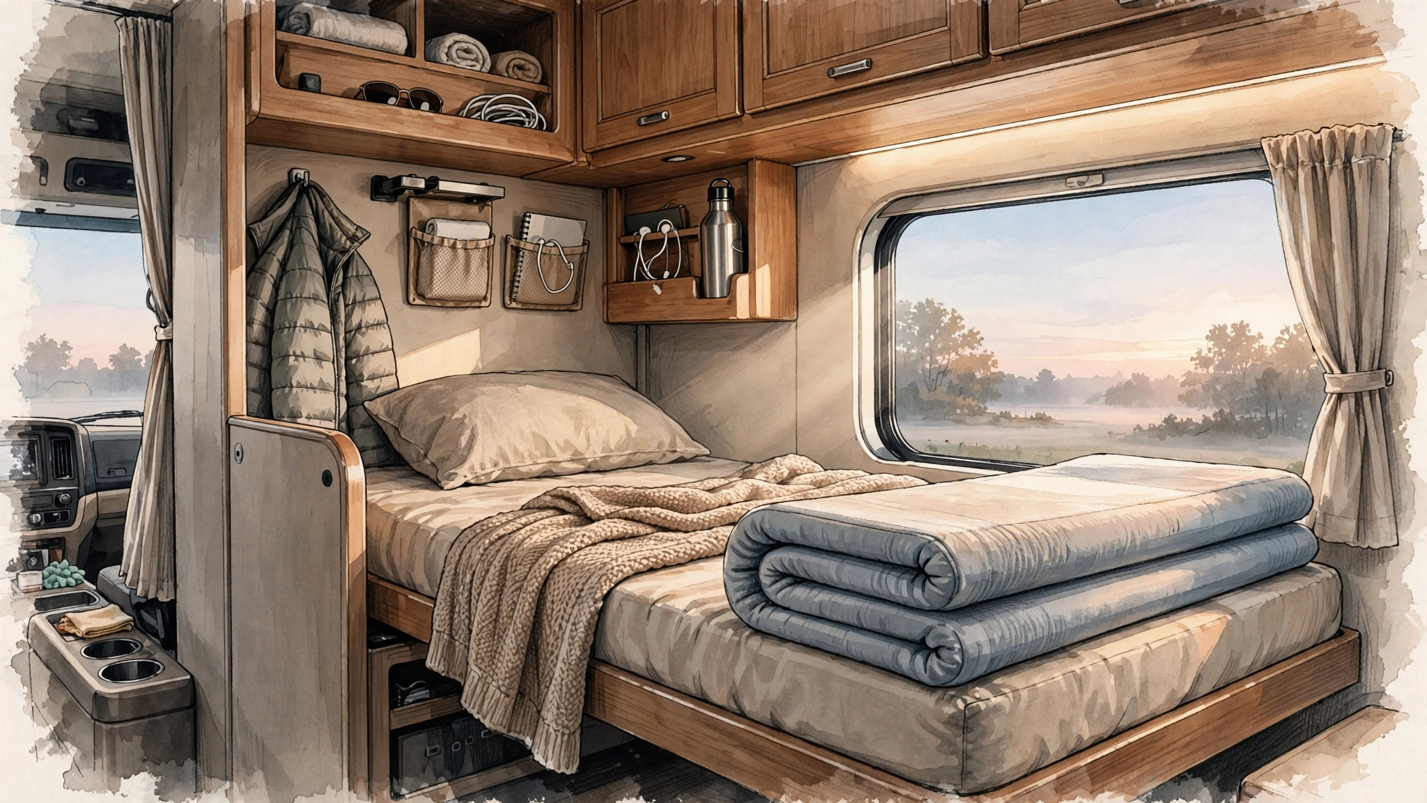 Illustration of a semi-truck sleeper berth bunk at dawn with a folded mattress topper
