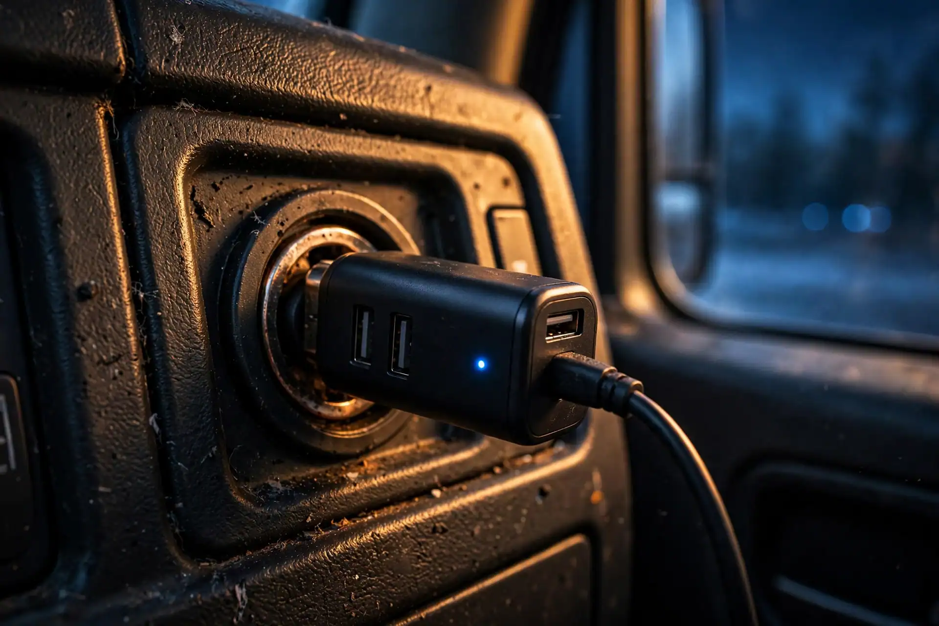 12V outlet and charging gear in a truck cab