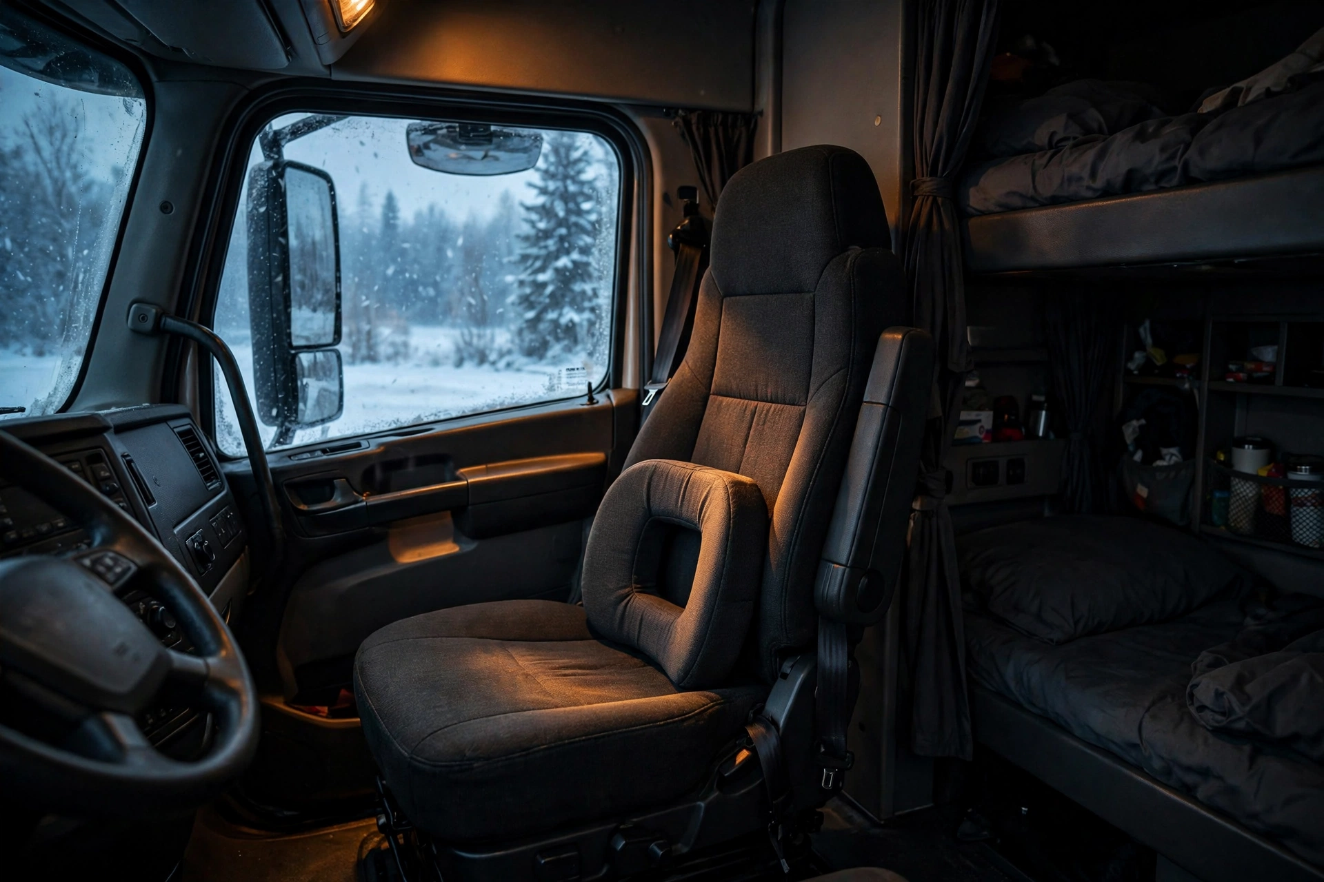 Lumbar support cushion on a truck driver's seat in a sleeper cab, warm cab light against a cold winter windshield
