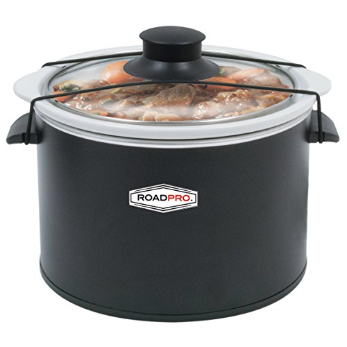 RoadPro RPSL-350 12V slow cooker with glass lid and stew inside
