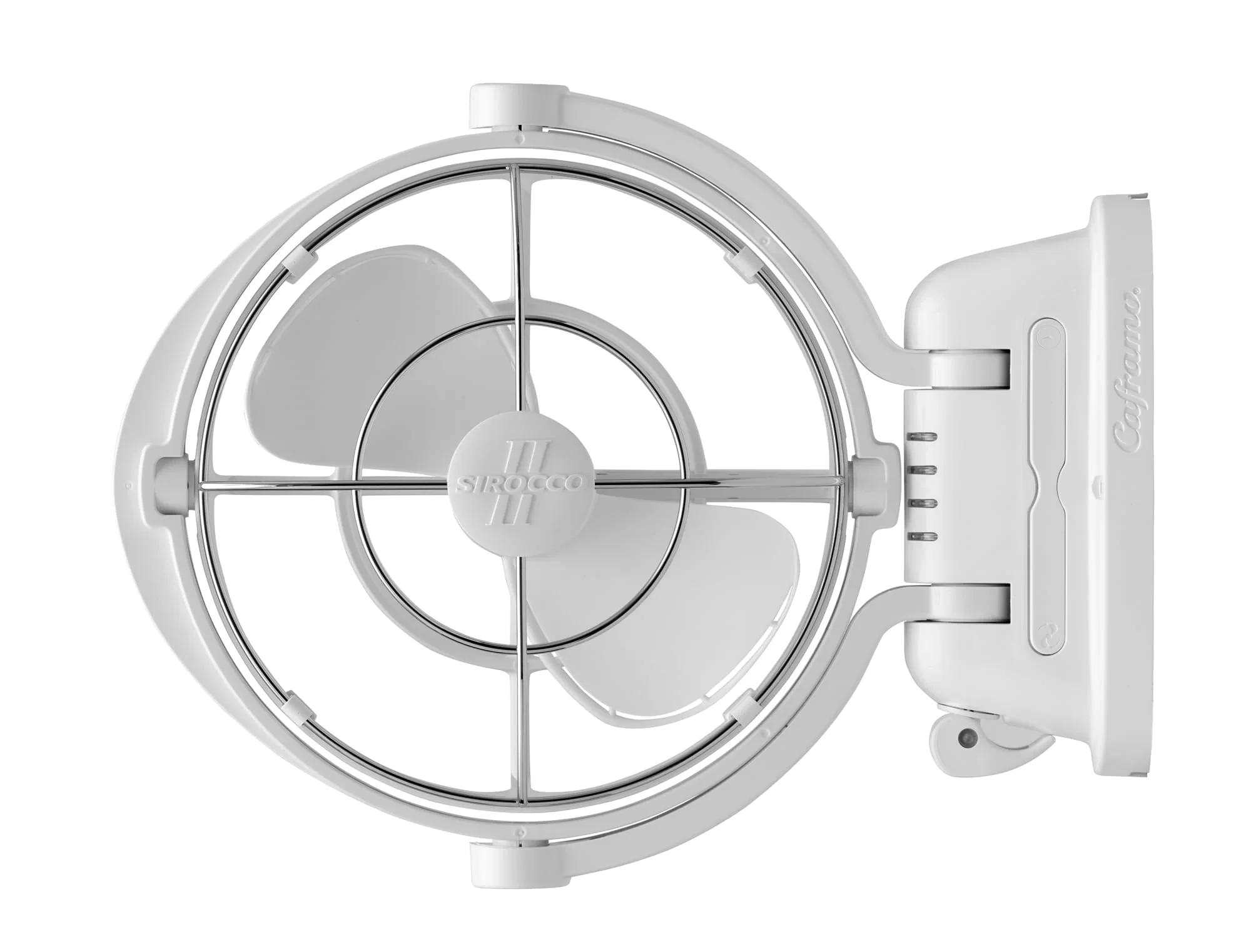 Caframo Sirocco II 12V fan, white gimbal-mount, studio front view