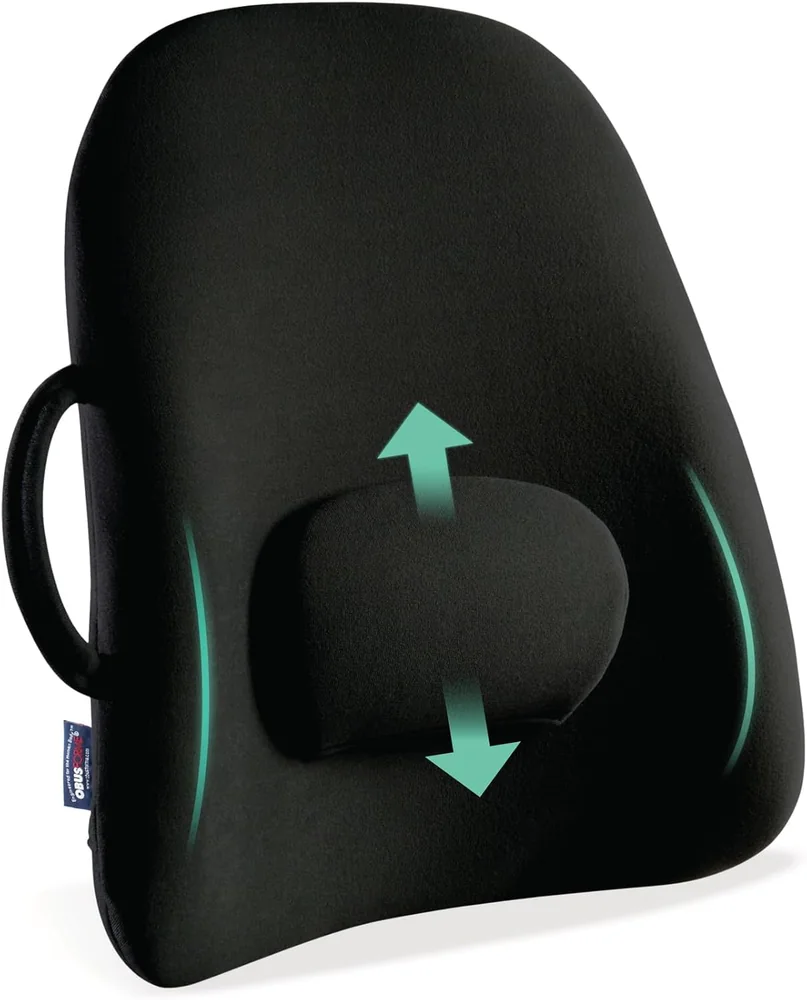 ObusForme Lowback Backrest Support — black S-shaped backrest with adjustable lumbar pad, shown fitted on a chair