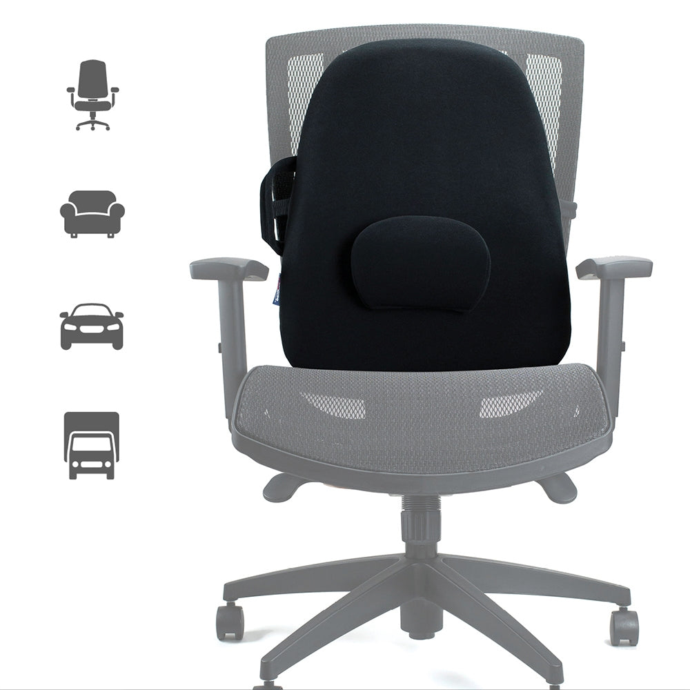 ObusForme Lowback Backrest Support — black S-shaped backrest with adjustable lumbar pad, shown fitted on a chair