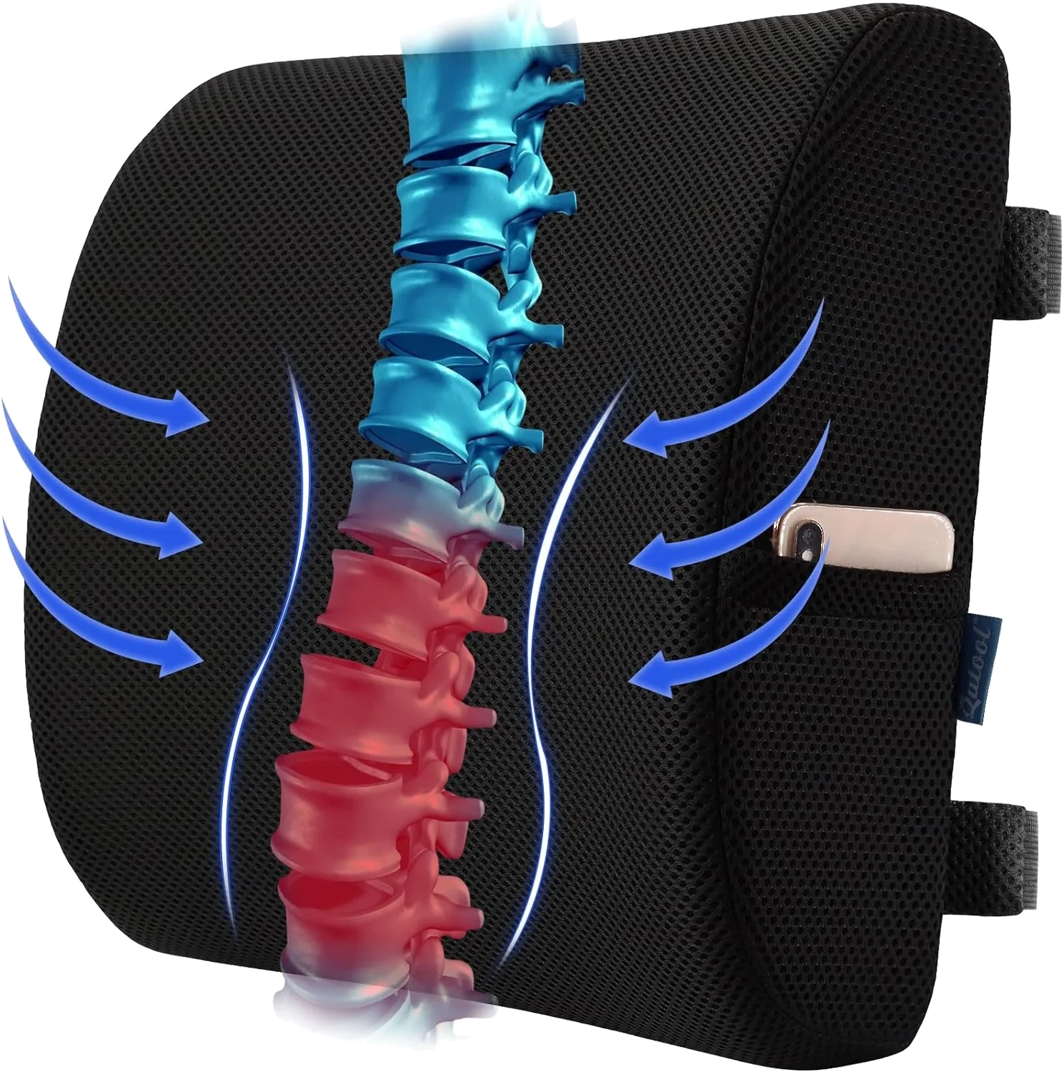 Qutool Memory Foam Lumbar Pillow — rectangular black 3D-mesh lumbar pillow with two adjustable straps