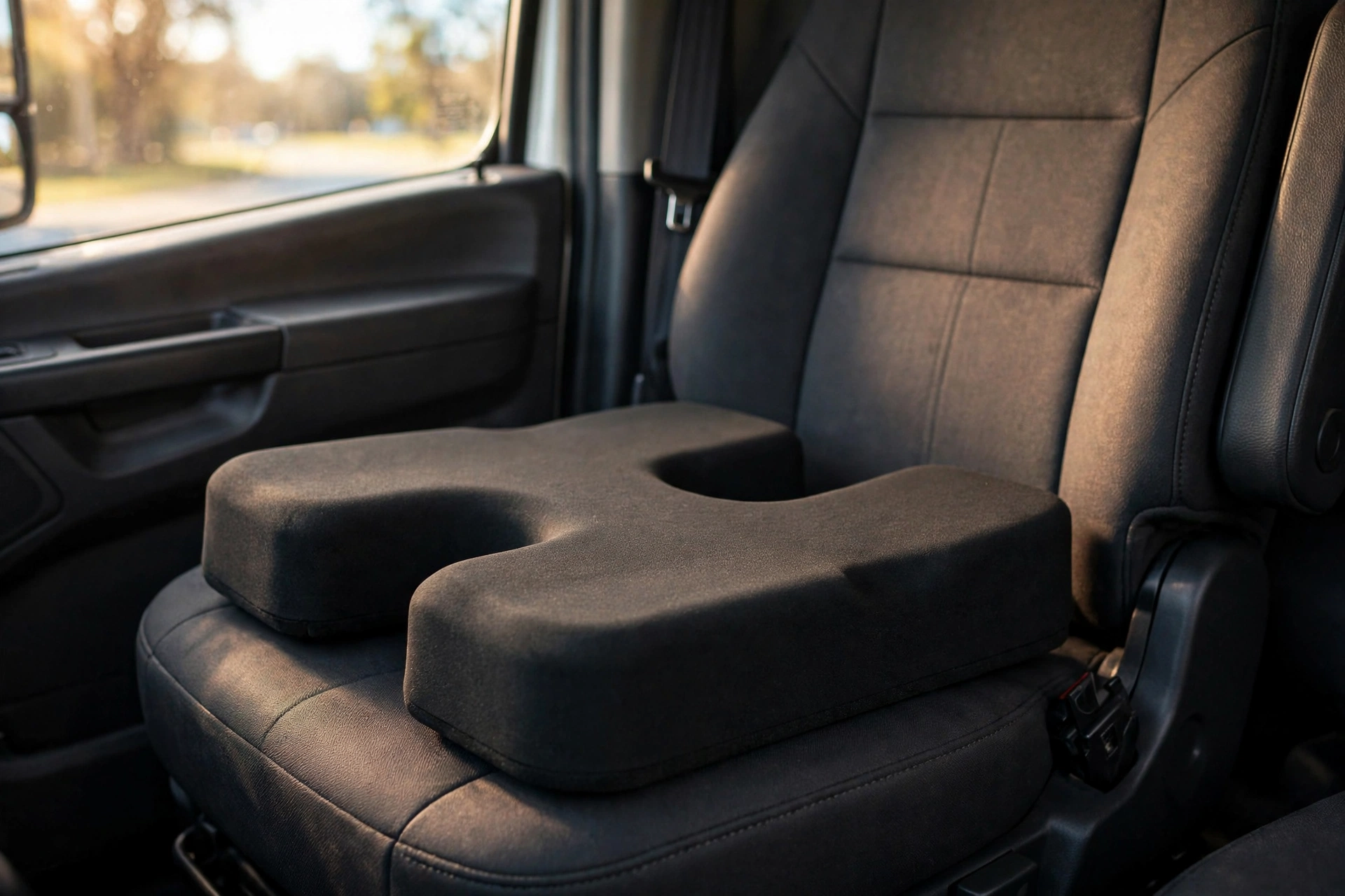 A contoured seat cushion on a truck seat