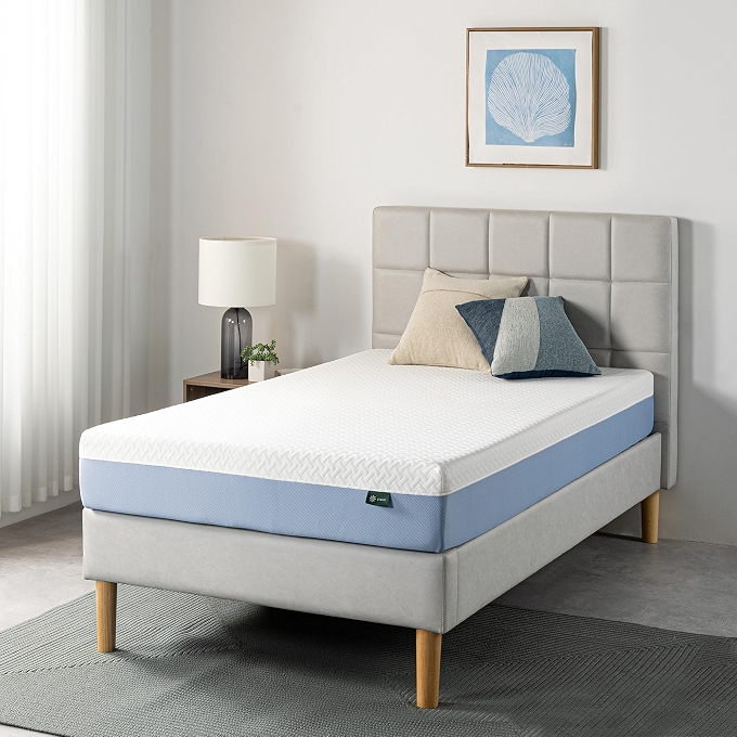 Zinus 8 inch green tea memory foam mattress in blue and white