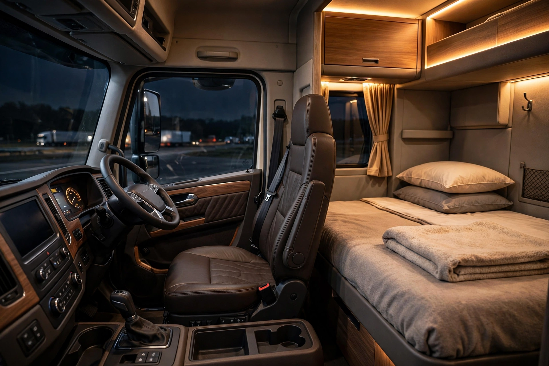 Truck driver seat in sleeper cab