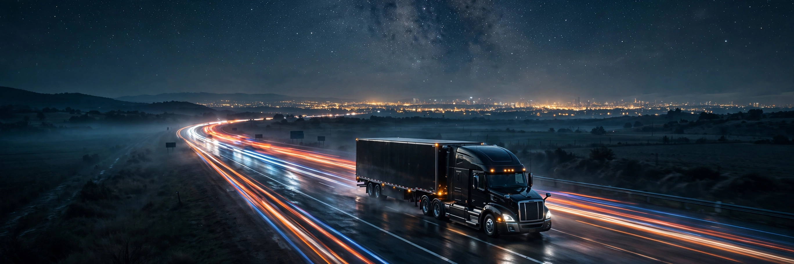 Semi truck on highway at night