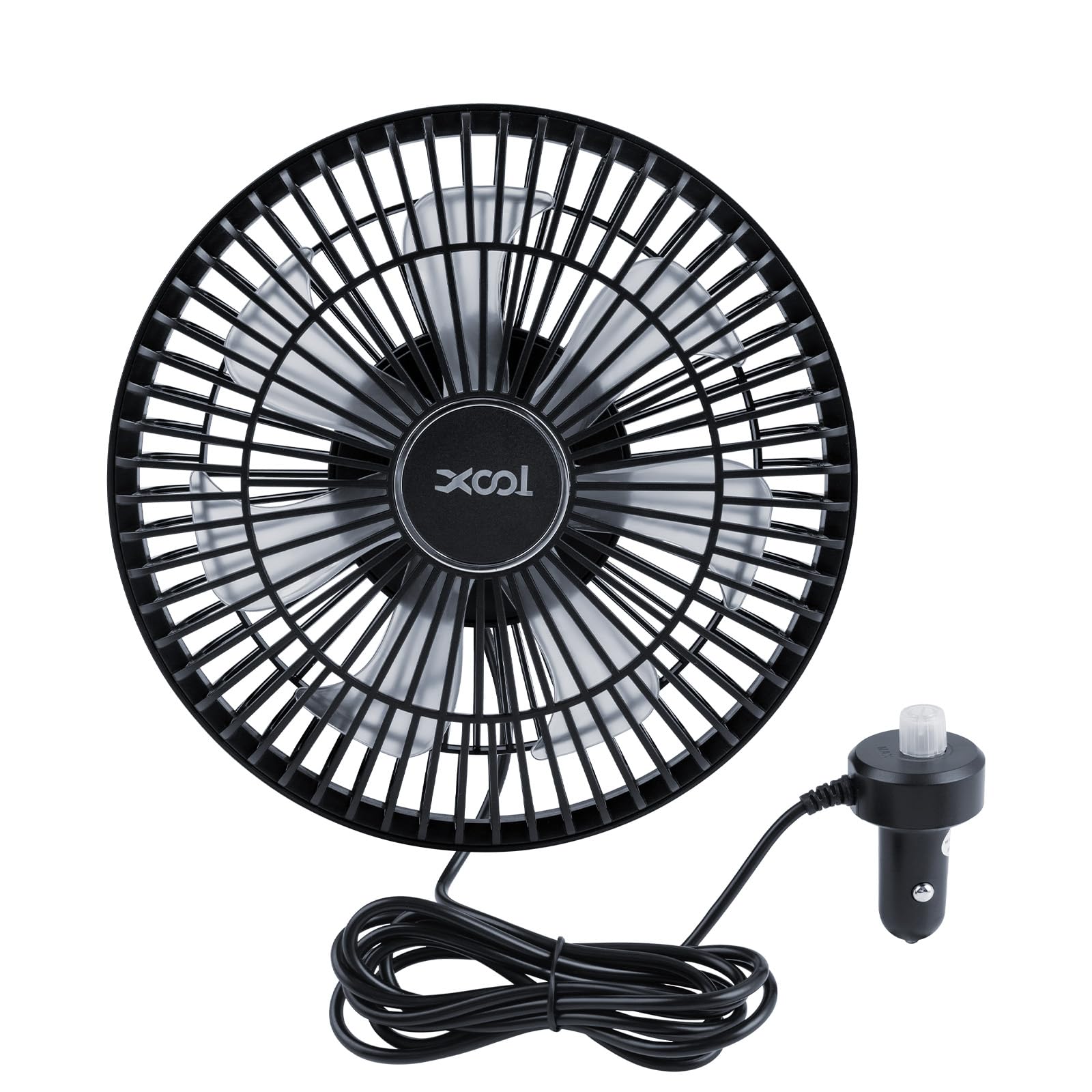 XOOL 9-inch 12V clip-on fan with 12V plug and cord, studio front view