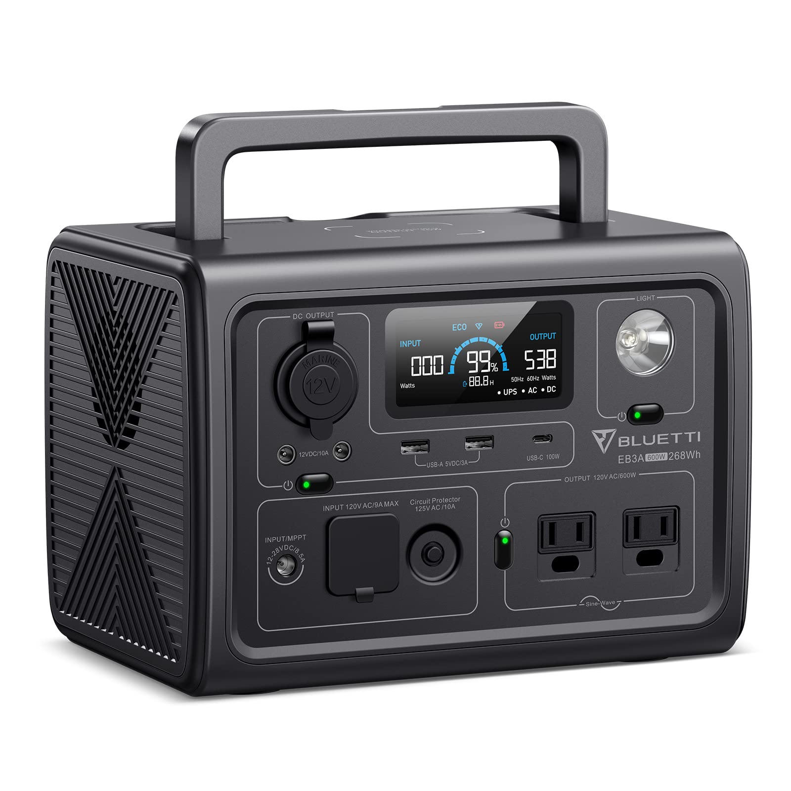 BLUETTI EB3A portable power station, display and outlets, studio view