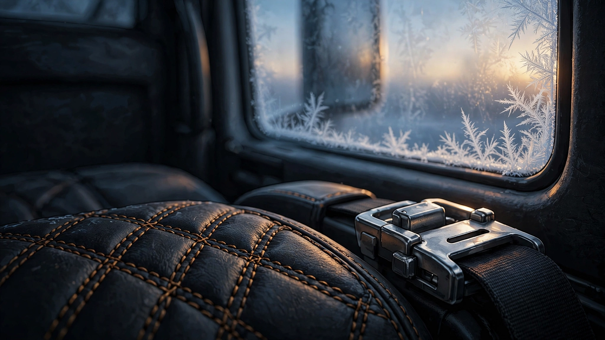 Illustration, not a product photo: close detail of truck seat stitching and a seatbelt buckle, with frost on the window.