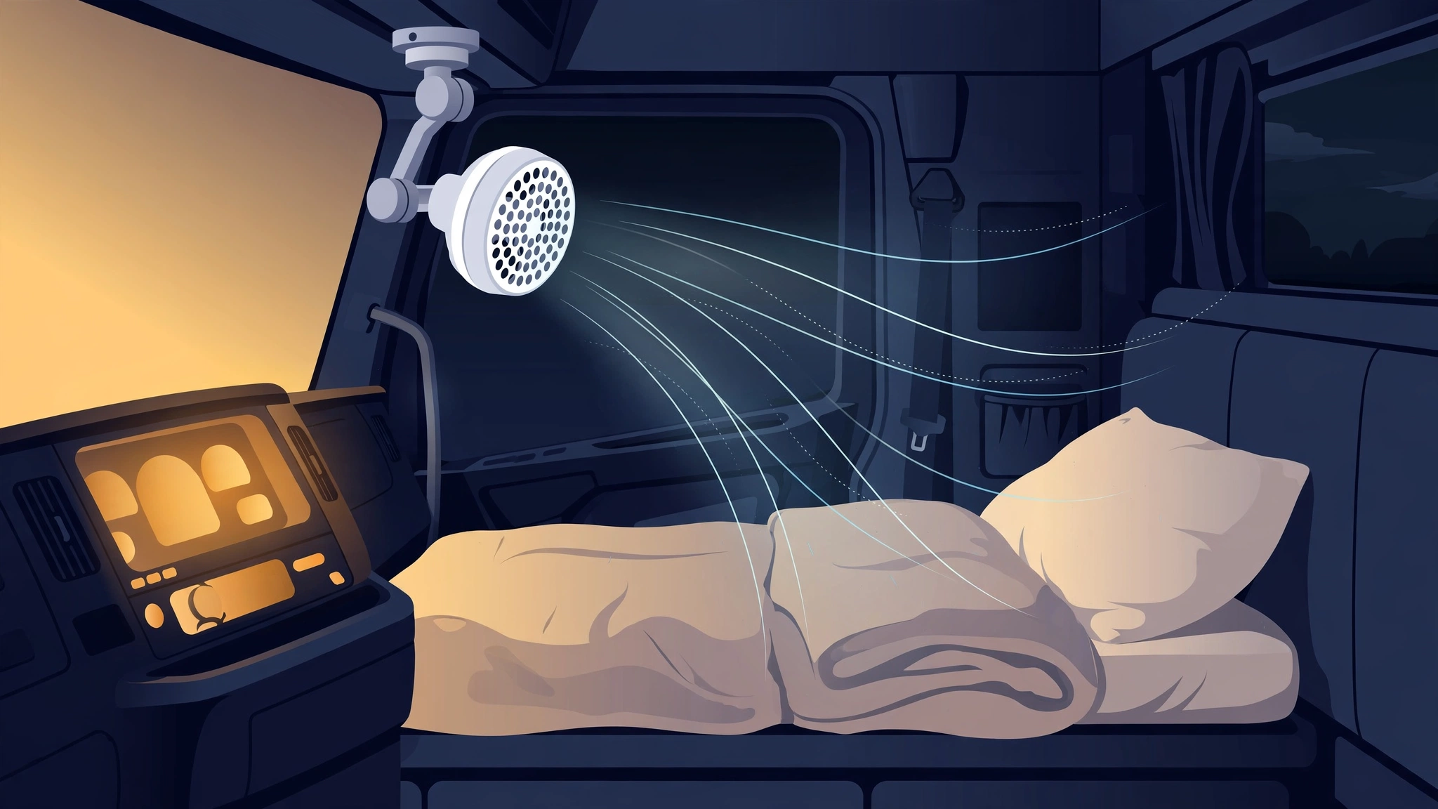 Illustration of a 12V cabin fan mounted in a truck sleeper cab at night, airflow lines drifting across the bunk (illustration, not a product photo)