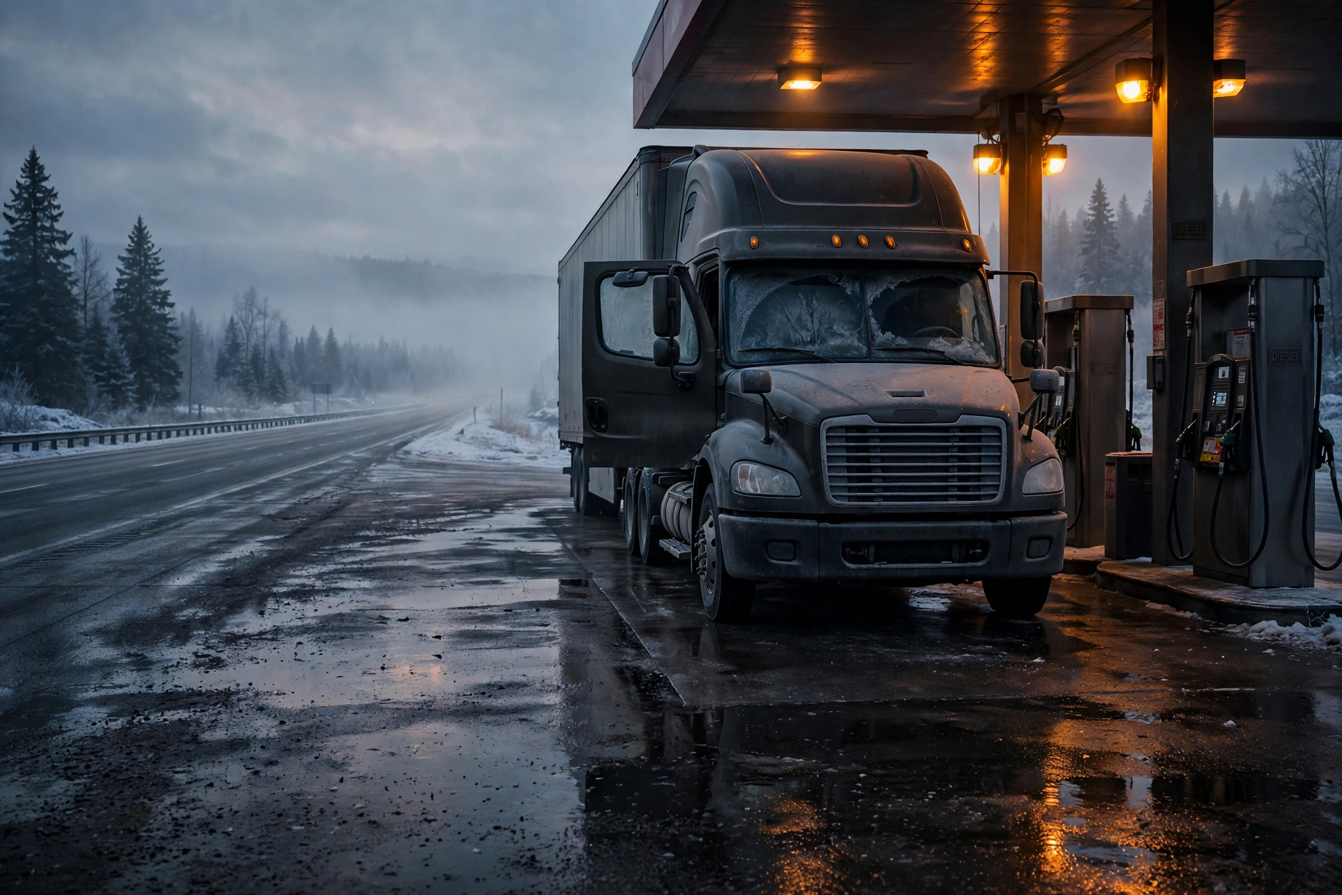 Illustration, not a product photo: a semi truck parked at a fuel island at dawn in winter, driver's door open, frost on the windshield.