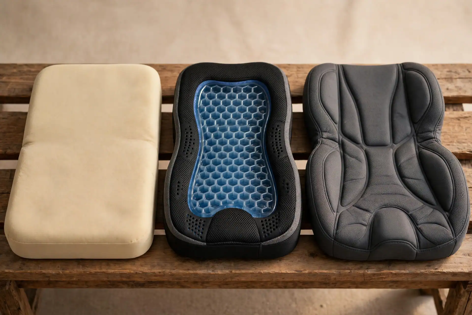 Three seat cushions compared side by side: memory foam, gel hybrid, and contoured