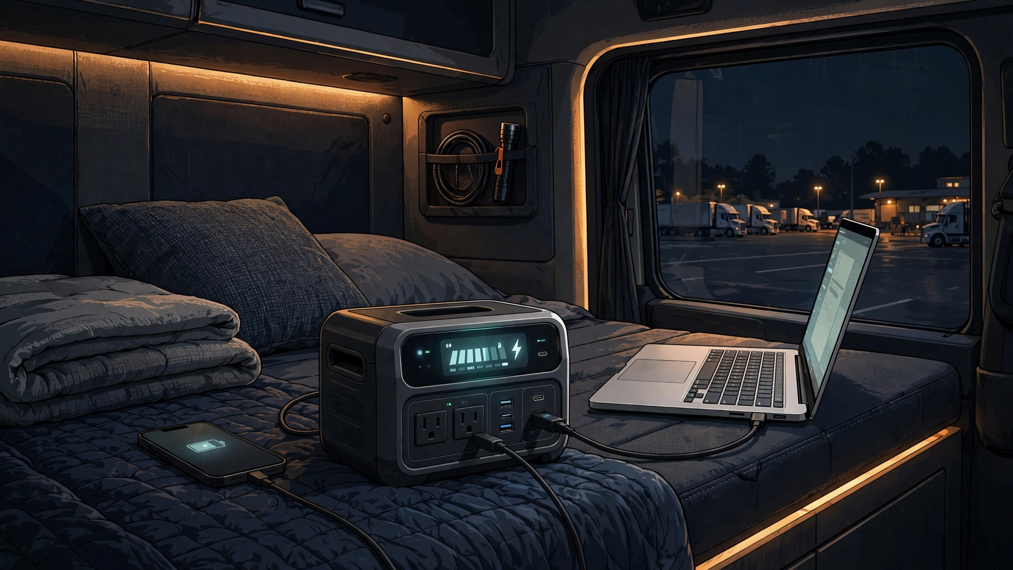 Illustration of a portable power station charging a laptop and phone in a truck sleeper cab at night (illustration, not a product photo)