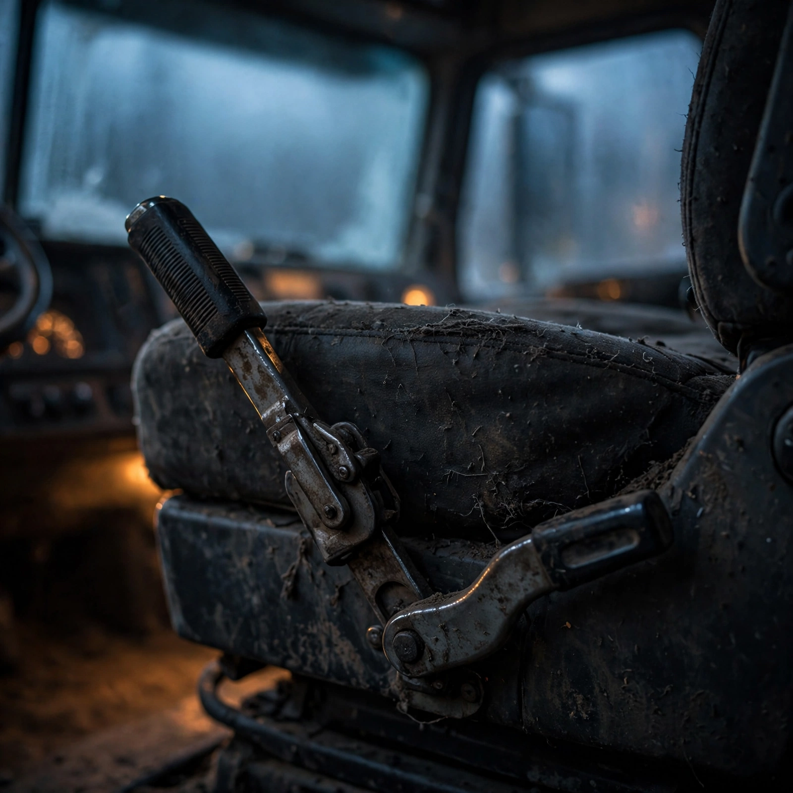 Illustration, not a product photo: close-up of a truck air-ride seat's height pump lever and adjustment controls on a worn seat.