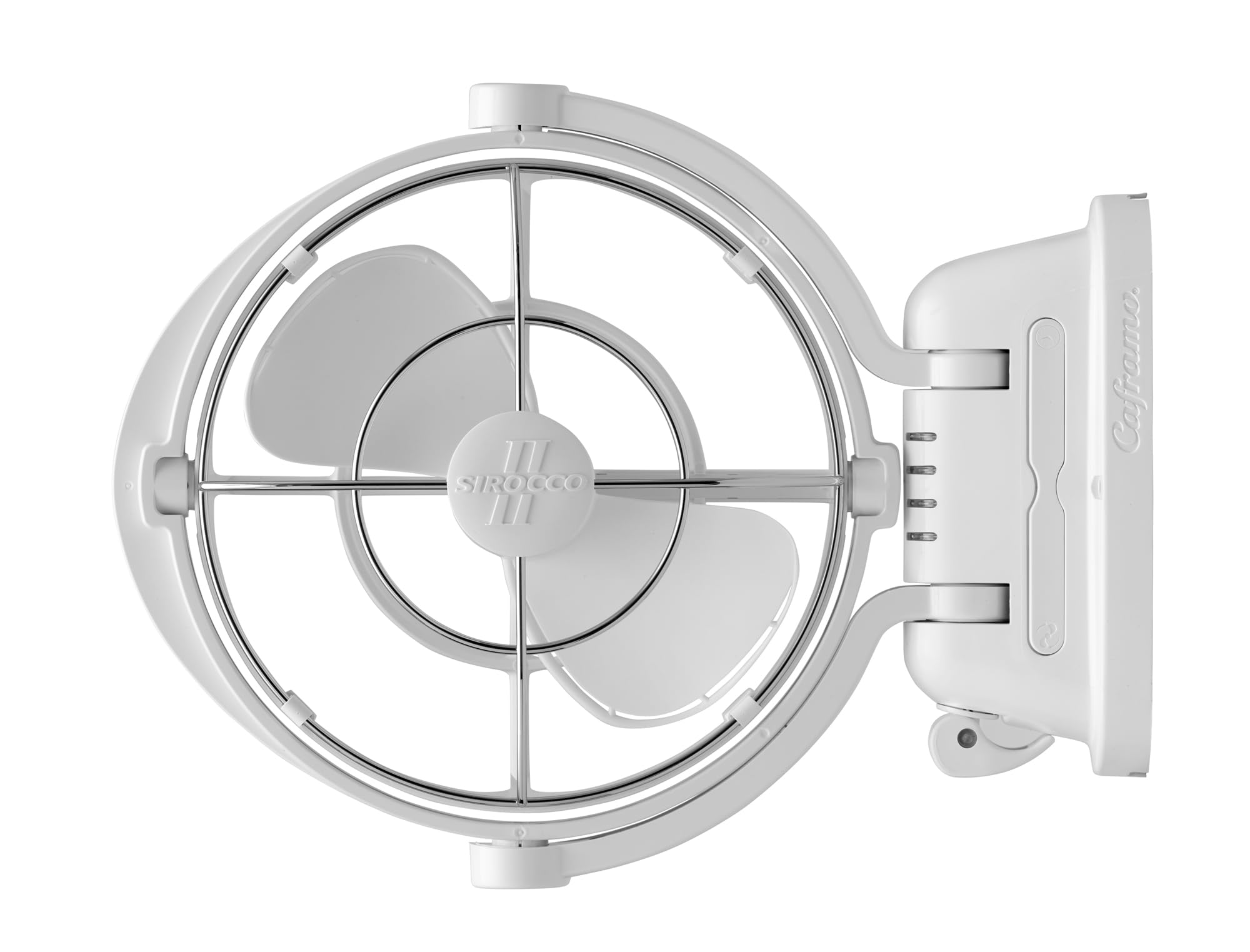 Caframo Sirocco II 12V fan, white gimbal-mount, studio front view